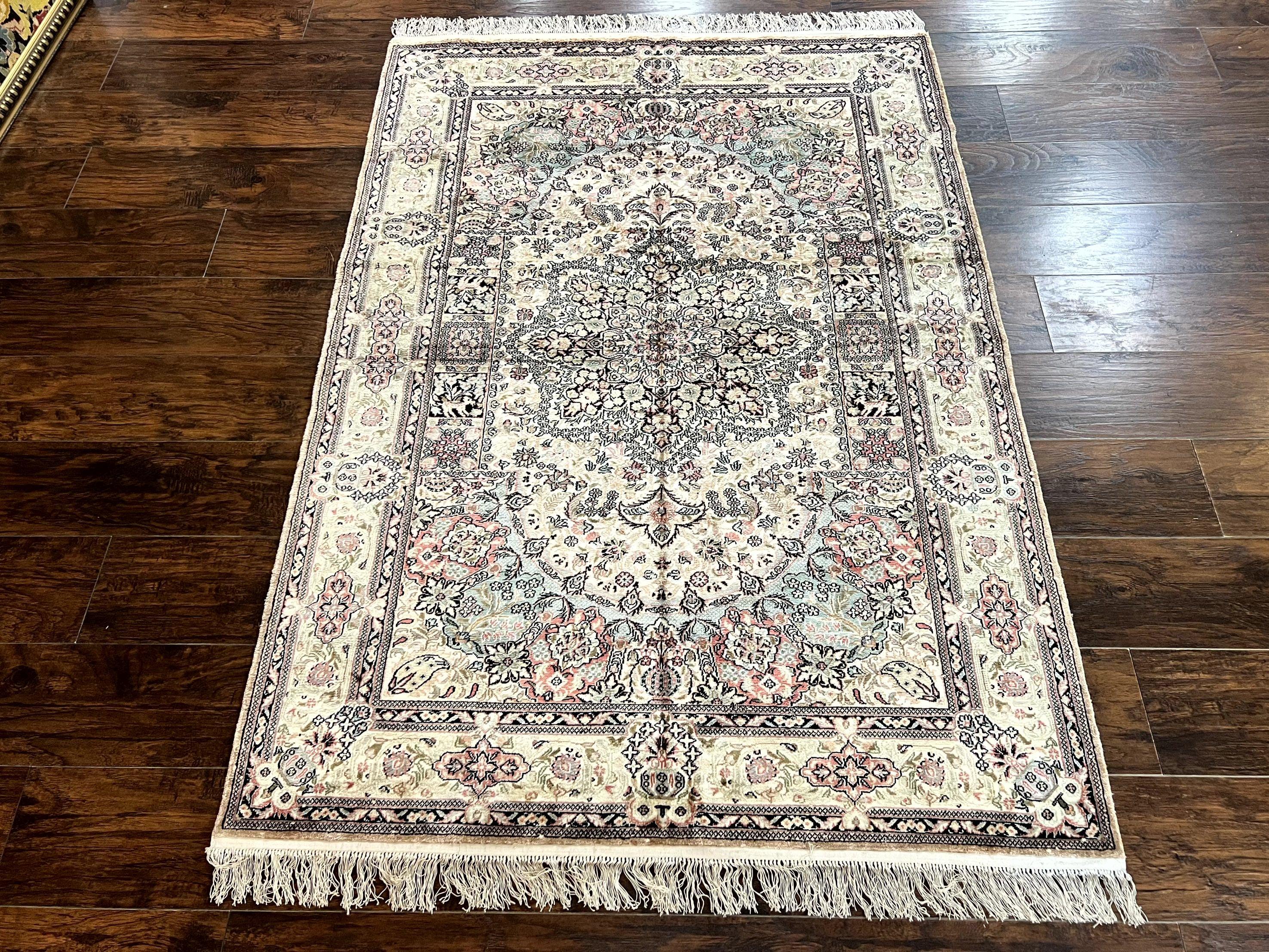 Silk Indian Kashmiri Rug 4x6, Handmade Vintage Silk Carpet, Ivory and Multicolor, Detailed Fine 240 KPSI - Jewel Rugs