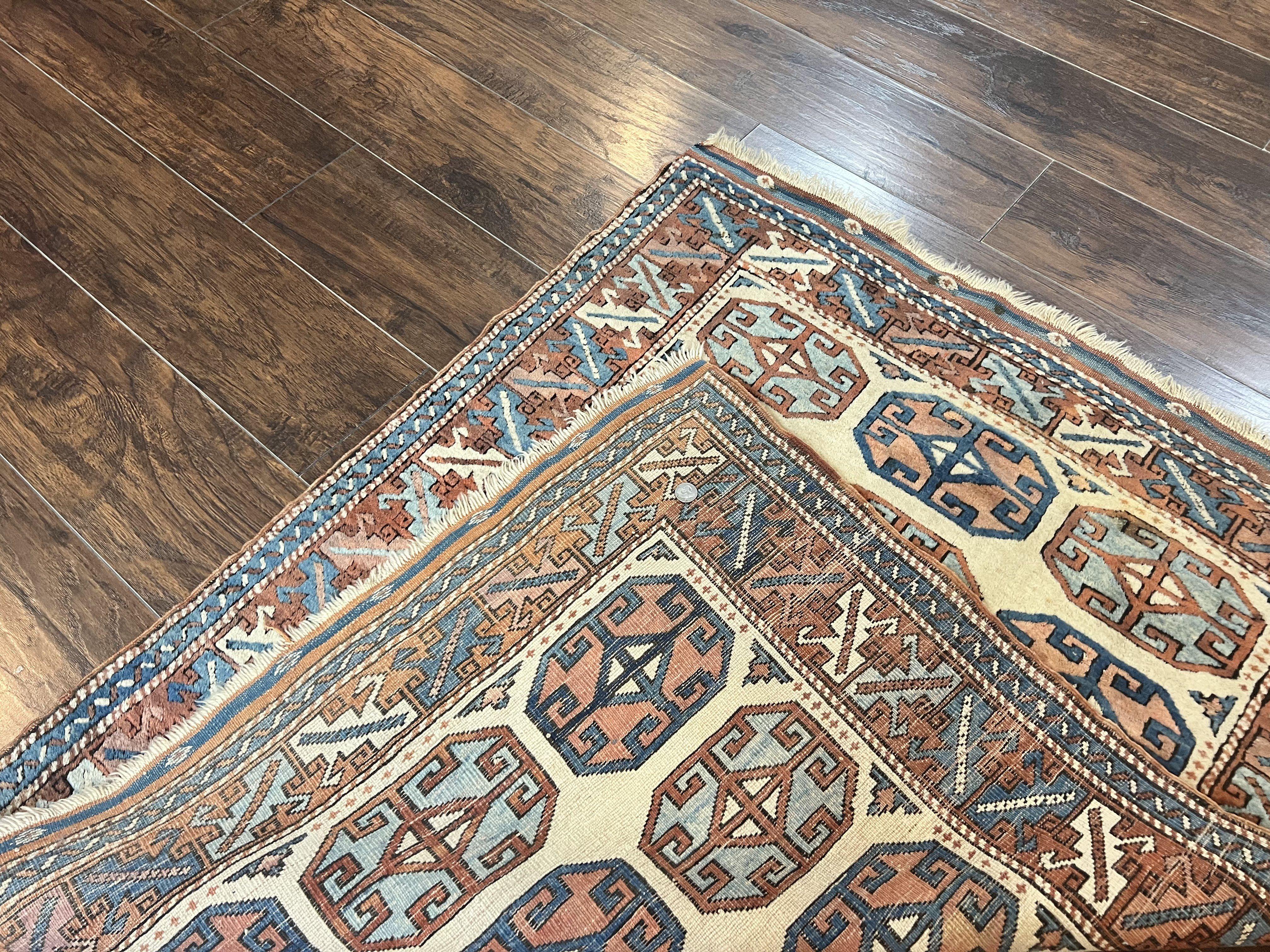 Turkish Kazak Rug 3x4, Wool Hand Knotted Handmade Vintage Carpet, Geometric Tribal Repeated Motif, Small 3 x 4 Antique Rug, Cream Red - Jewel Rugs