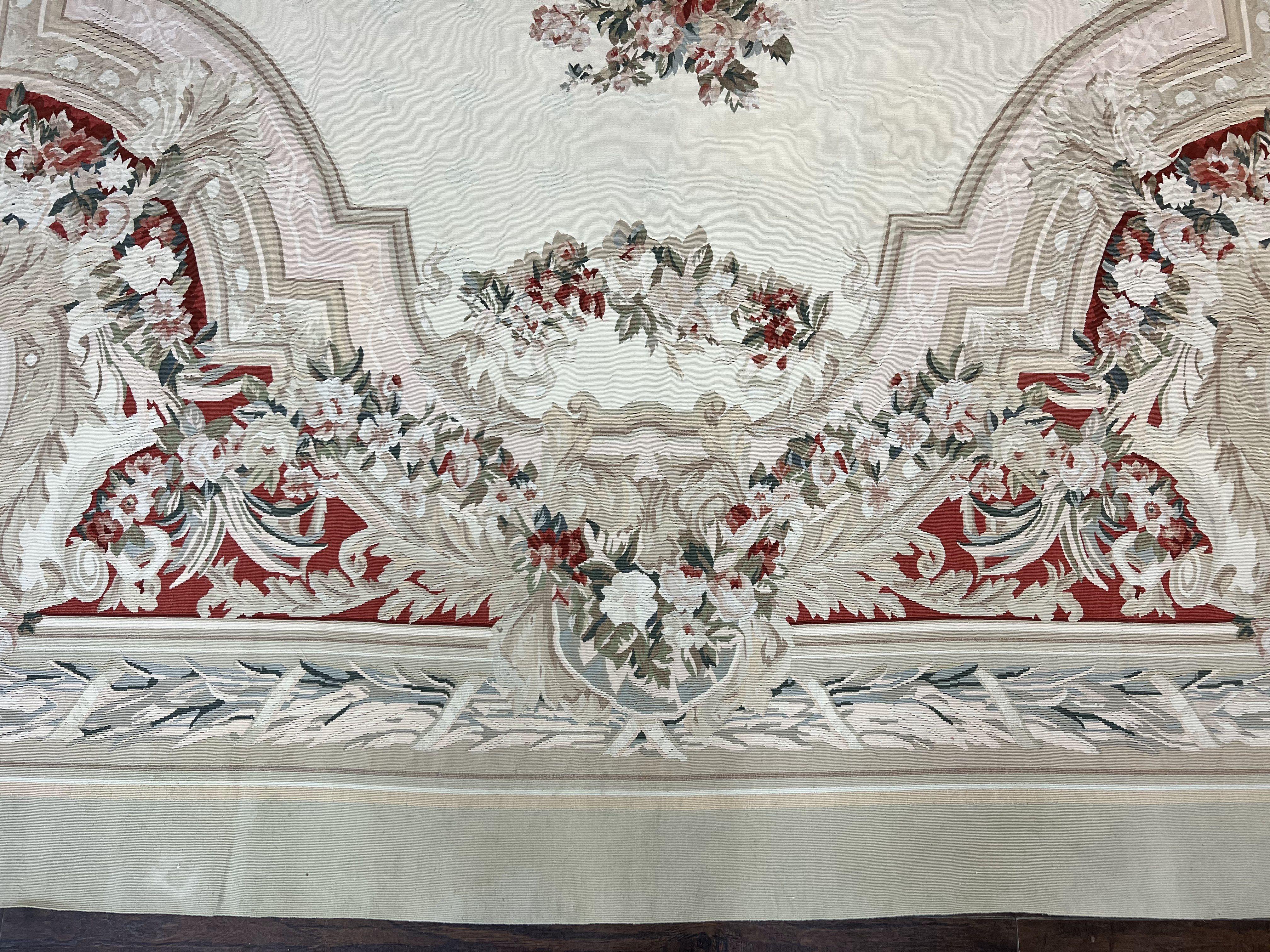 Large Aubusson Rug 11x17, Wool Handmade Vintage Carpet, Ivory Beige, French European Elegant Design, Palace Size Rug - Jewel Rugs