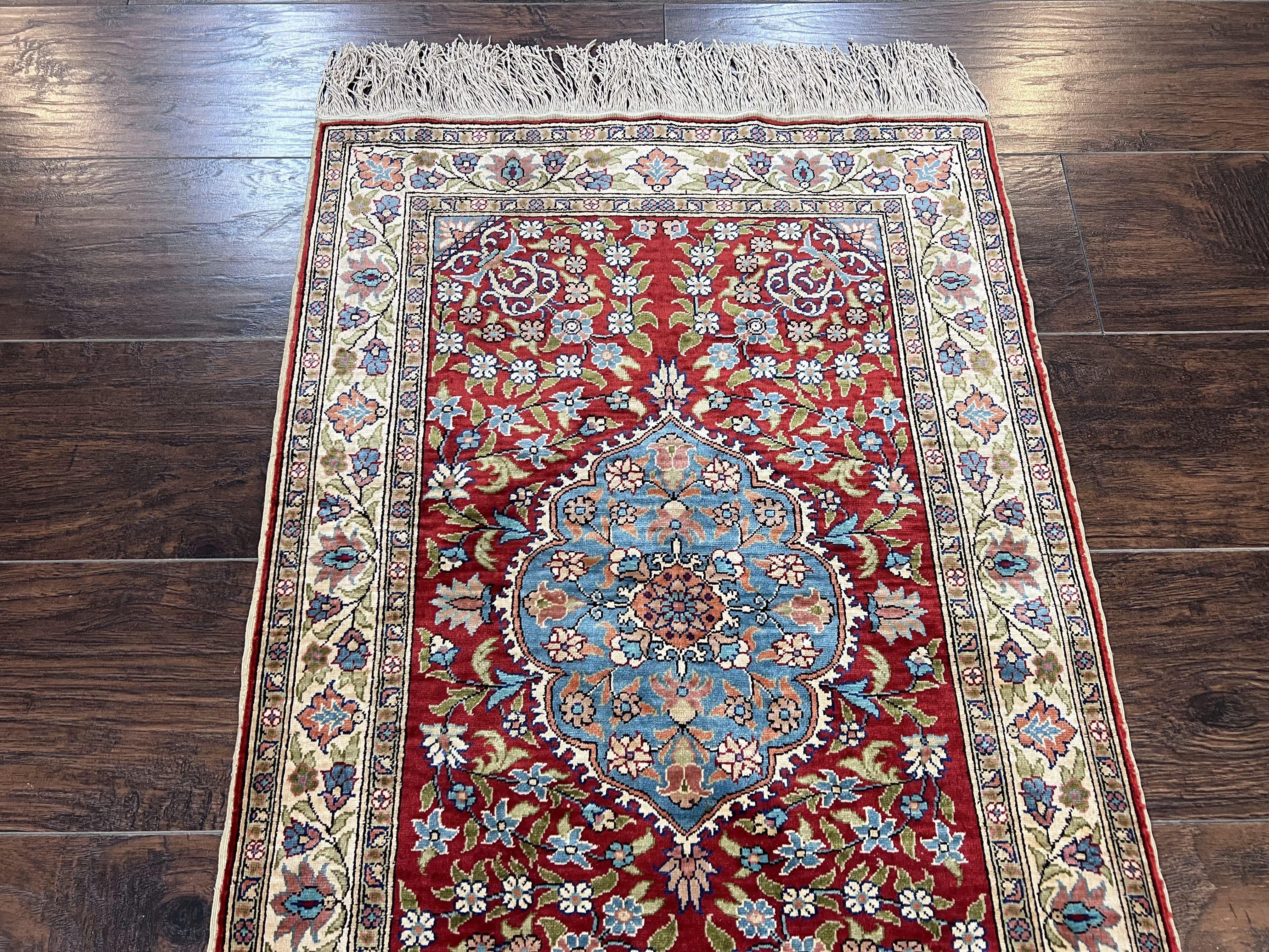Silk Turkish Kayseri Rug 2x3, Small All Silk Turkish Carpet, Red and Light Blue, Very Fine Hand Knotted Semi Antique Vintage Handmade Rug - Jewel Rugs
