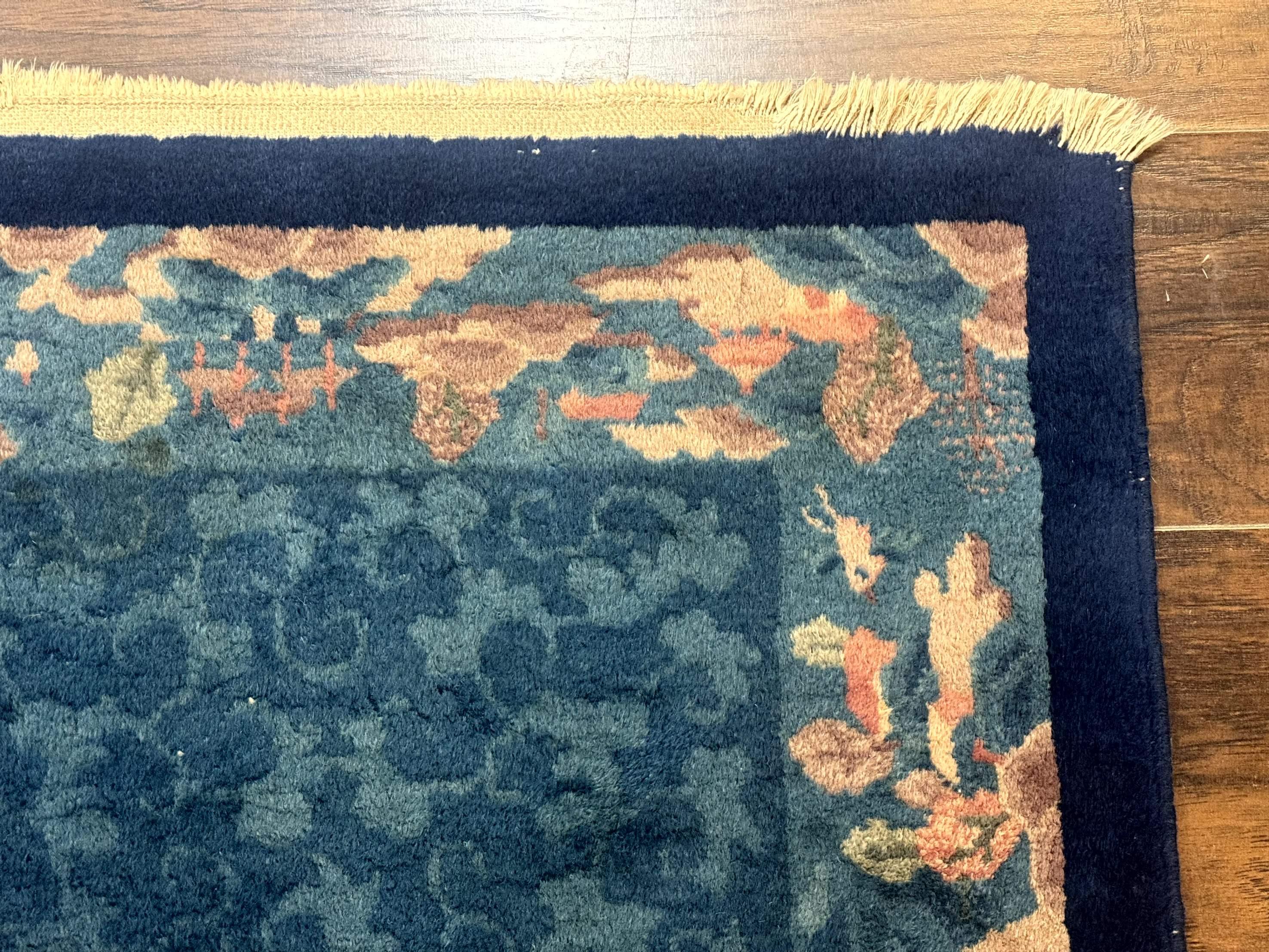 Blue Chinese Rug 2.6 x 4, Fete Rug, Peking Rug, Chinese Wool Rug, Art Deco Carpet - Jewel Rugs