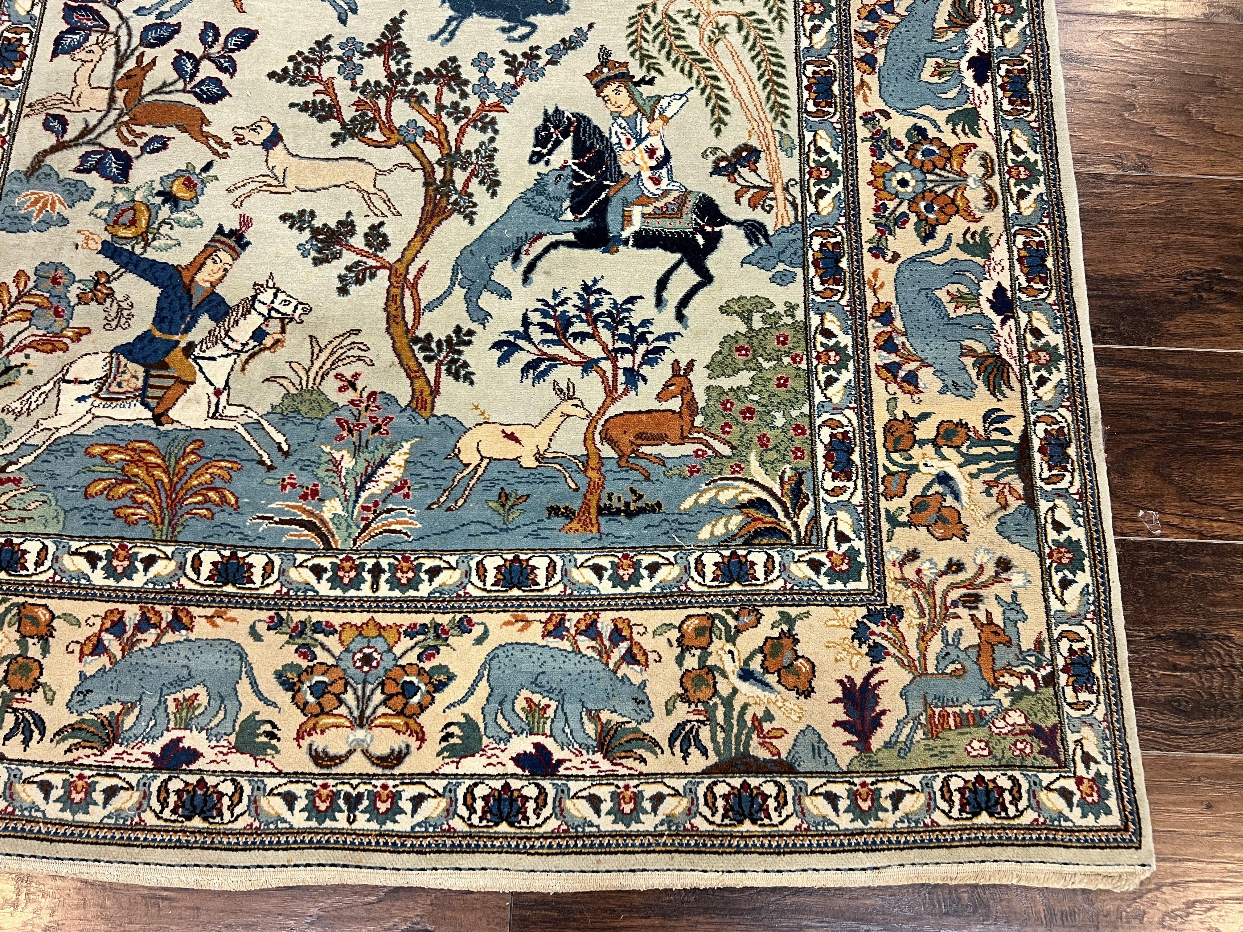 Persian Kashan Pictorial Rug 4.6 x 7, Hunting Scene, SIgned by Masterweaver, Animal Pictorials, Rare, Handmade, Wool, Vintage, Very Fine - Jewel Rugs