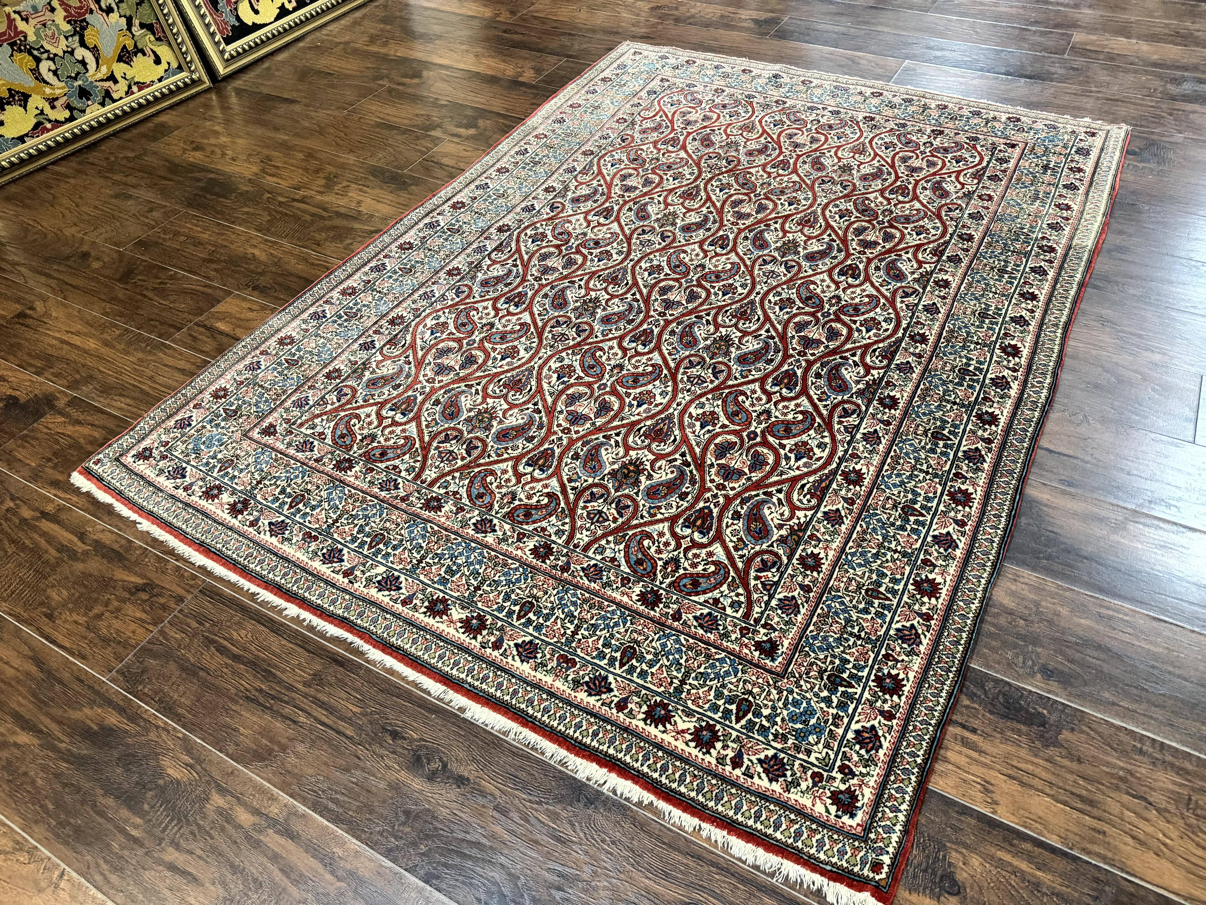 Unique Persian Qum Rug 5x7, Repeated Paisely Boteh Design, Ivory Red Blue, Handmade Antique Wool Persian Carpet, Finely Hand Knotted - Jewel Rugs