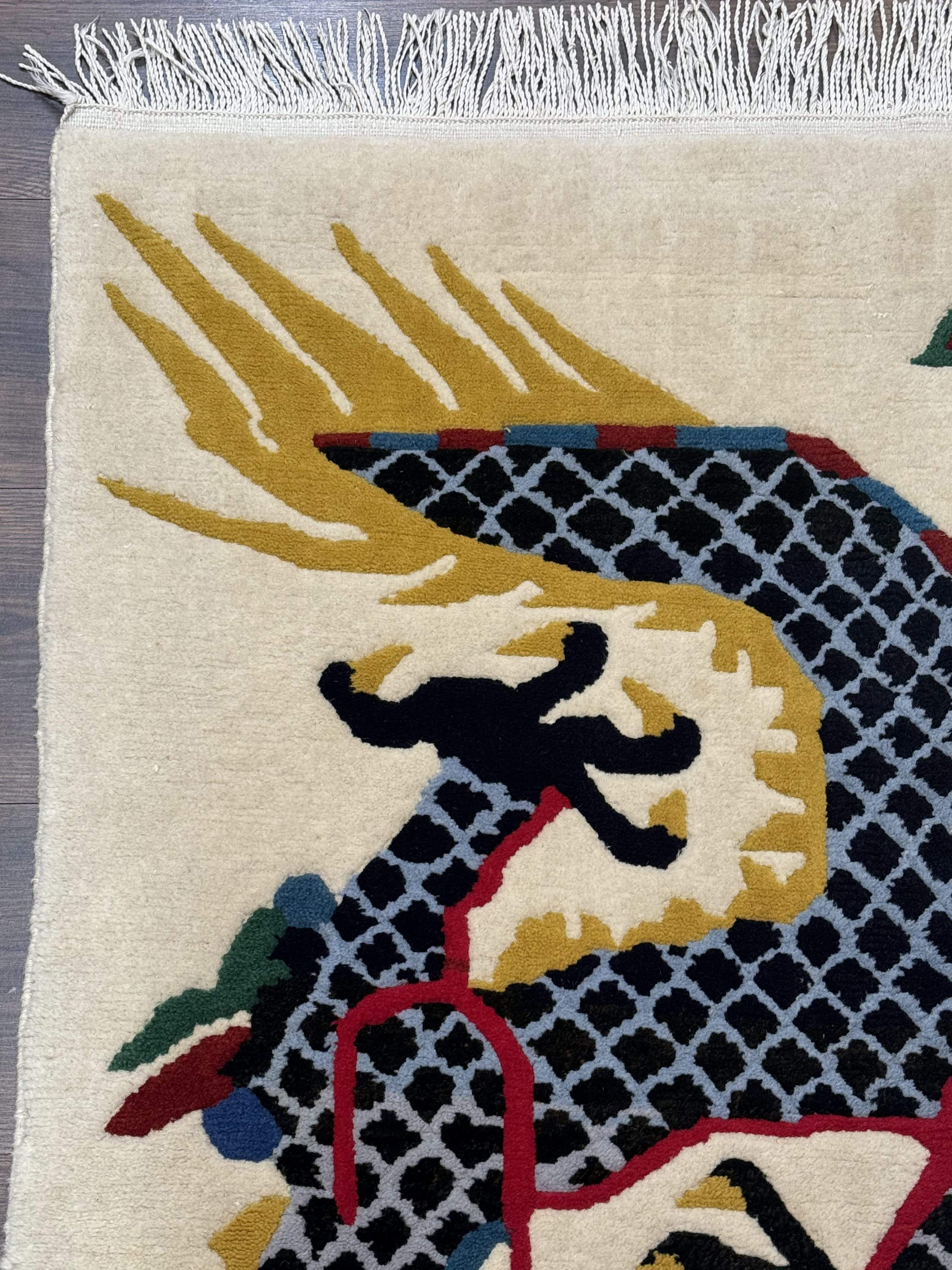 Chinese Dragon Rug 3x5 – Ivory, Hand-Knotted Wool, Vintage Carpet - Jewel Rugs