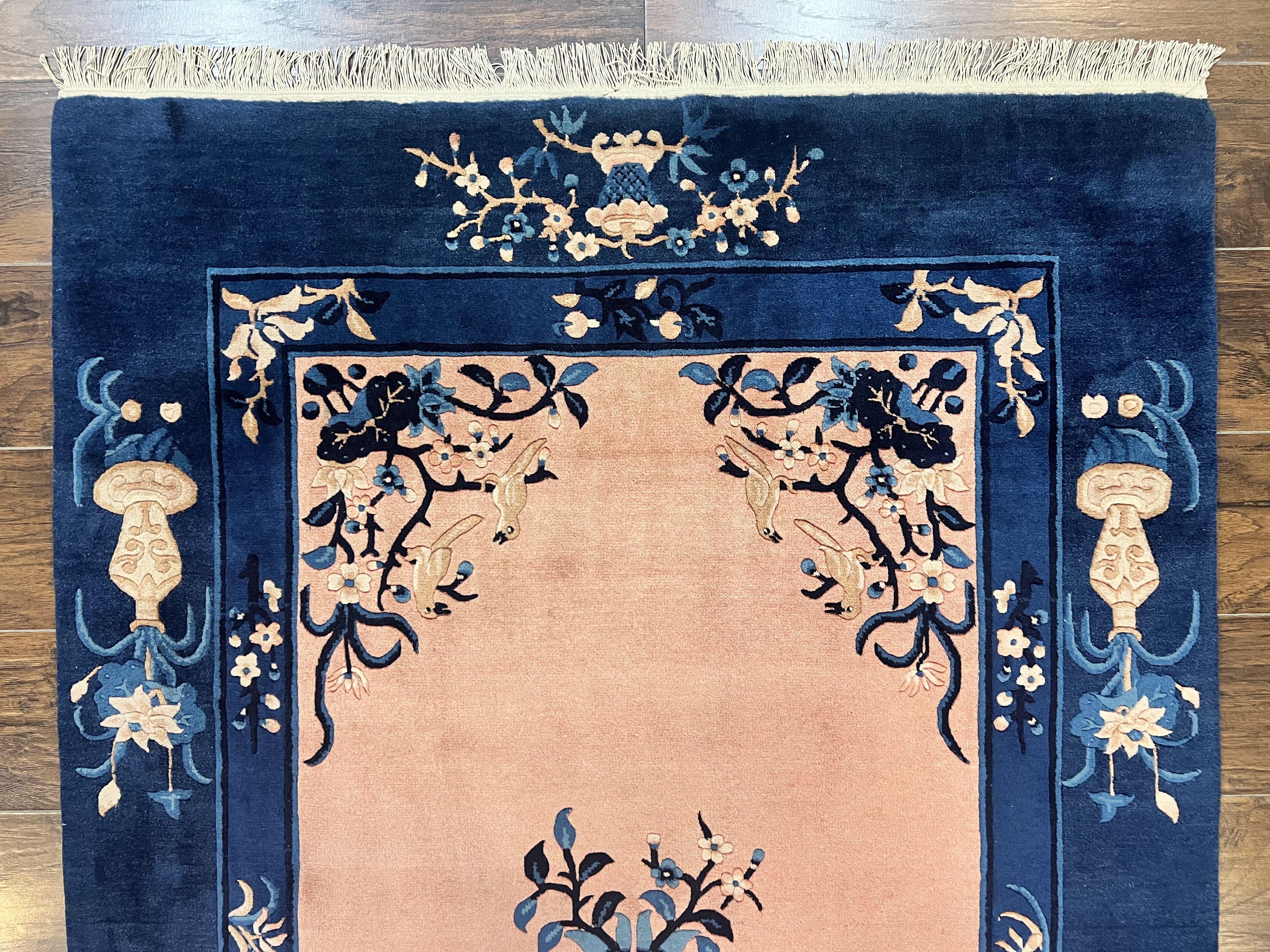Antique Chinese Peking Rug 4x6, Vases & Bird Motifs, Navy Blue, Handmade Wool Asian Oriental Art Deco Carpet - Jewel Rugs