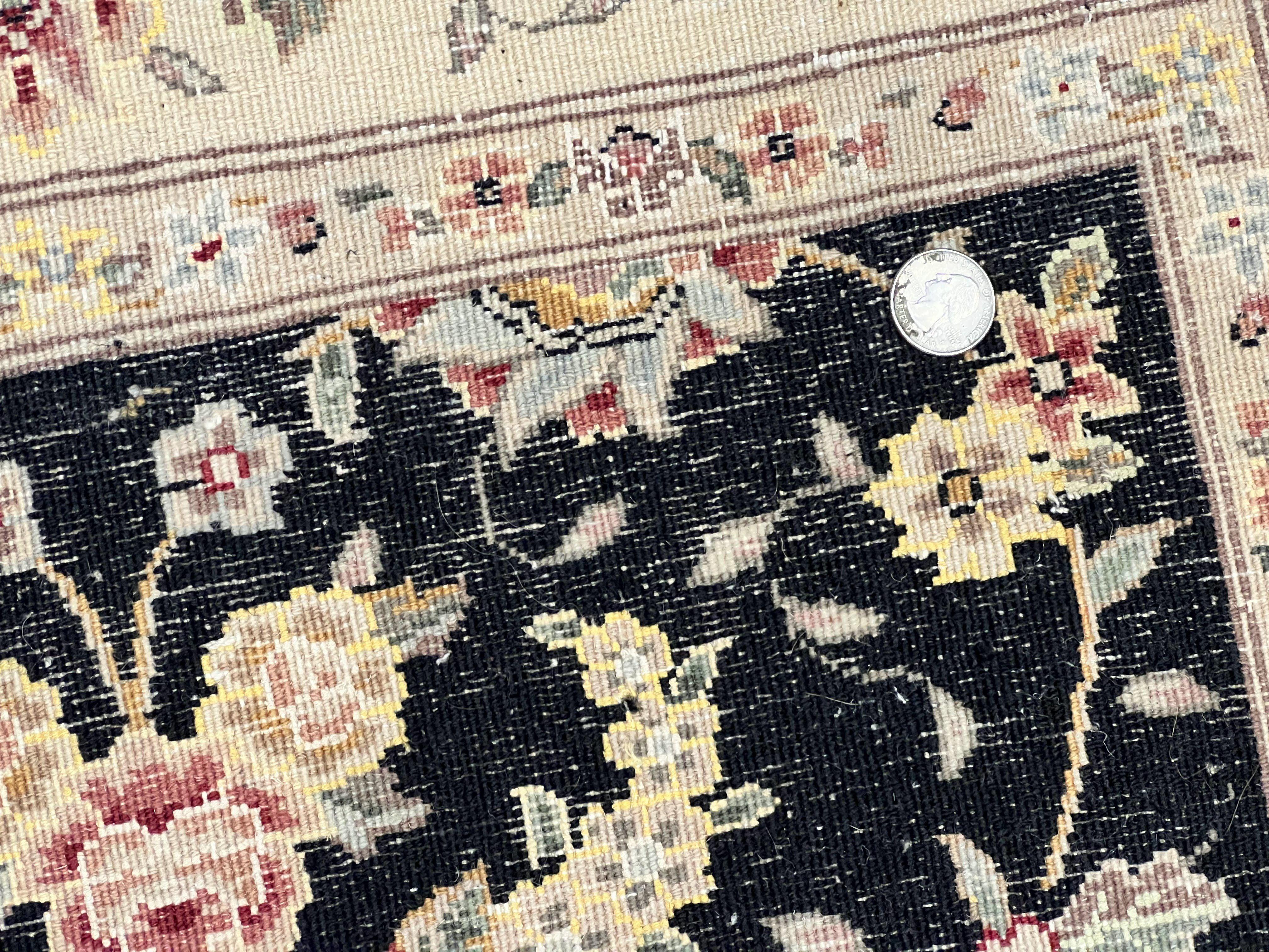Sino Persian Short Runner Rug 2.7 x 6, Wool and Silk Highlights Black and Beige Handmade Vintage Floral Allover Oriental Carpet, Hallway Rug - Jewel Rugs
