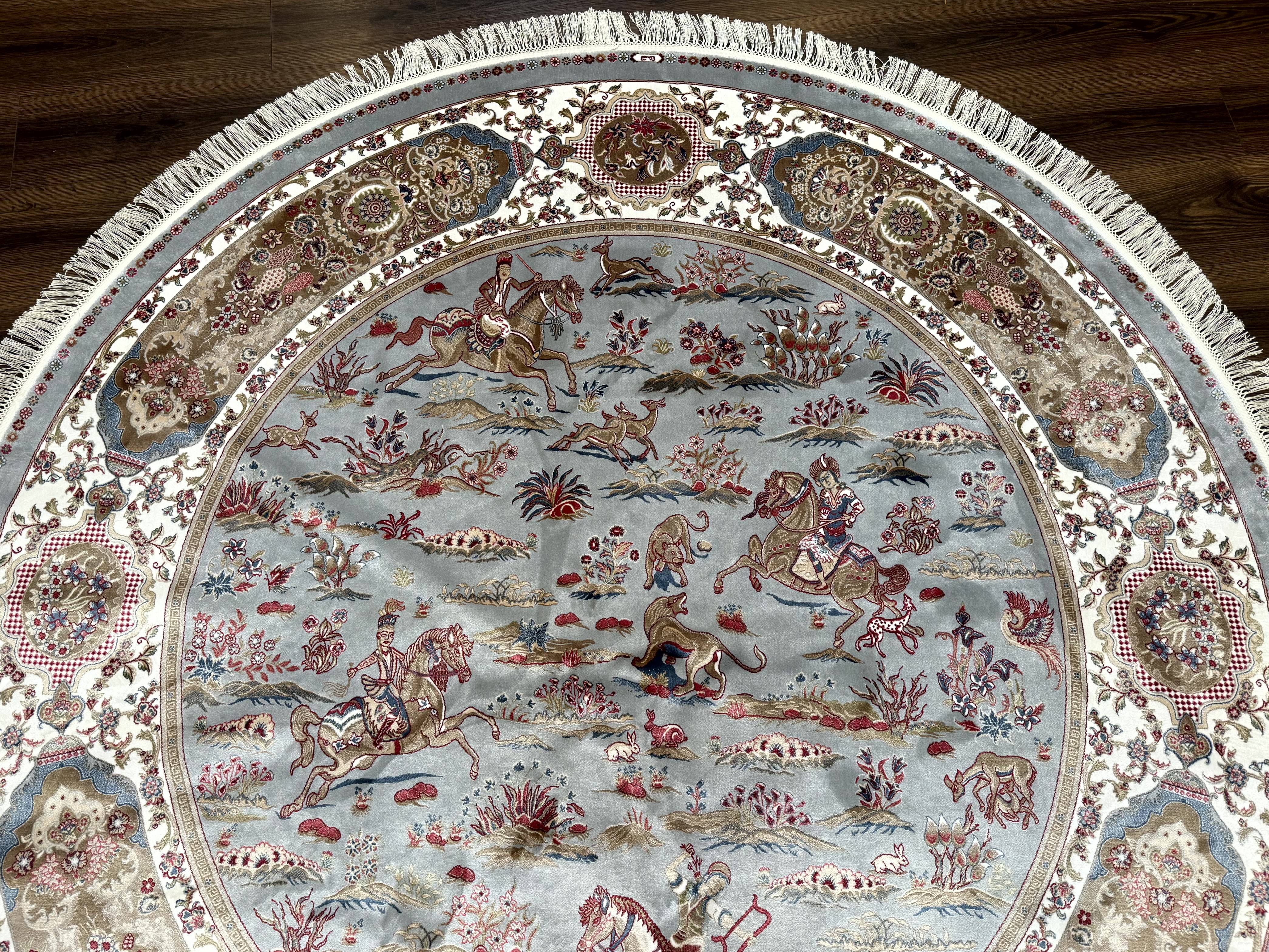 Round Silk Rug 6x6, Hunting Design, Bamboo Silk, Animal Pictorials - Jewel Rugs