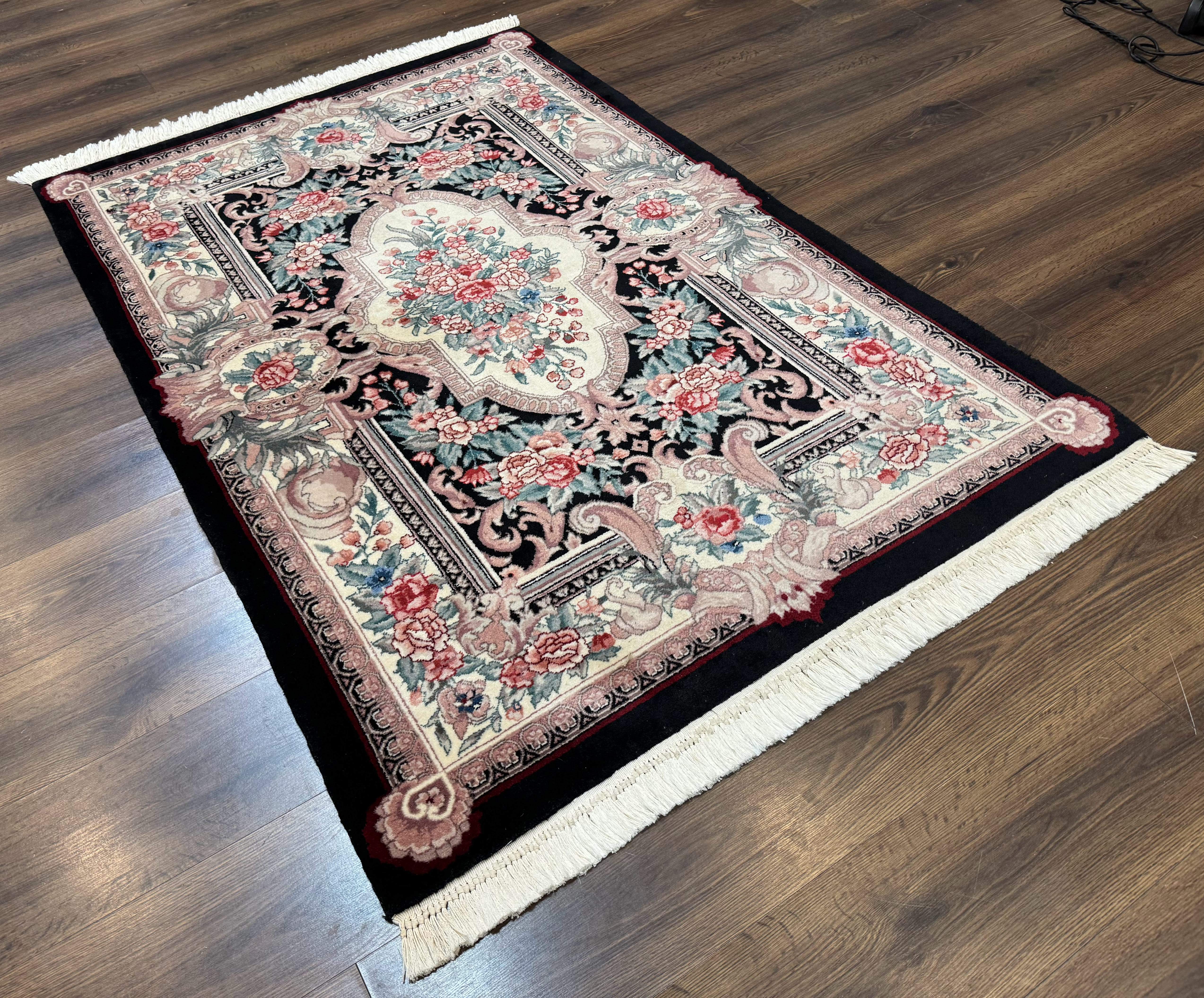 Aubusson Rug 4x6, Elegant European Floral Design, Black and Ivory, Fine 200 KPSI - Jewel Rugs