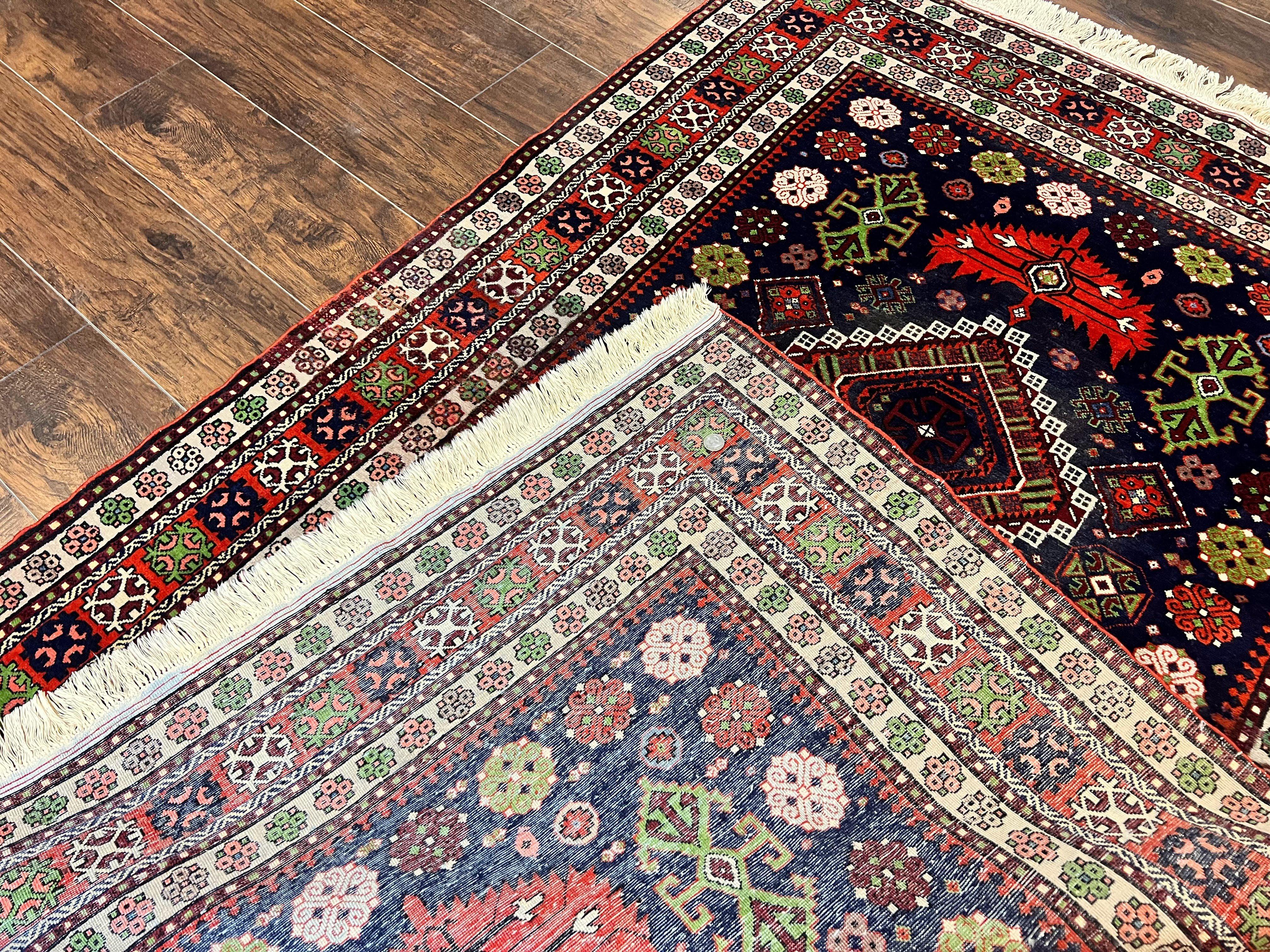 Persian Afshar Tribal Rug 5x6, Geometric Pattern, Navy Blue Multicolor Antique Vintage Persian Carpet, Hand Knotted Handmade Wool Rug - Jewel Rugs