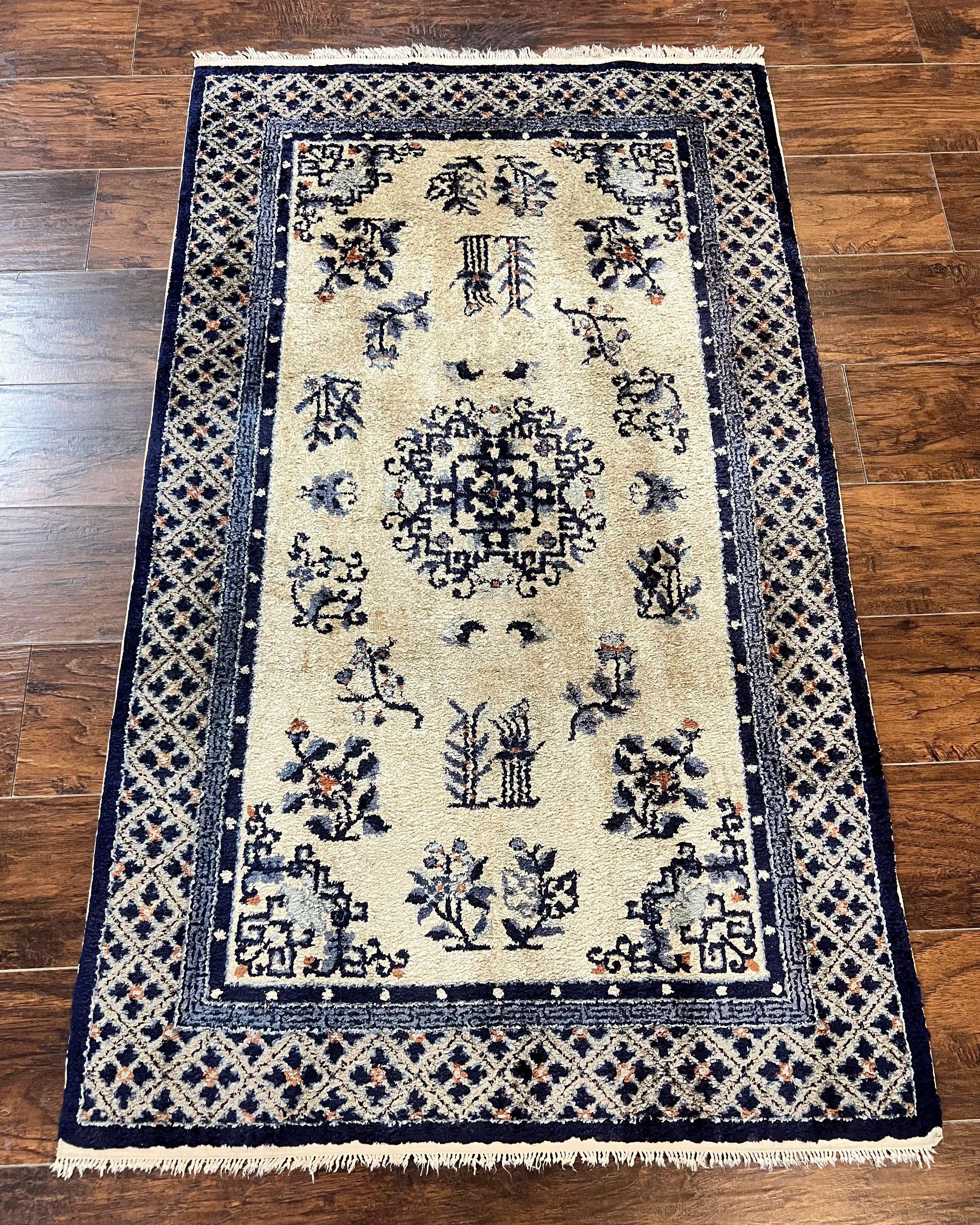 Silk Chinese Rug 3x5, Vintage Handmade Peking Carpet, Asian Oriental Art Deco Rug - Jewel Rugs