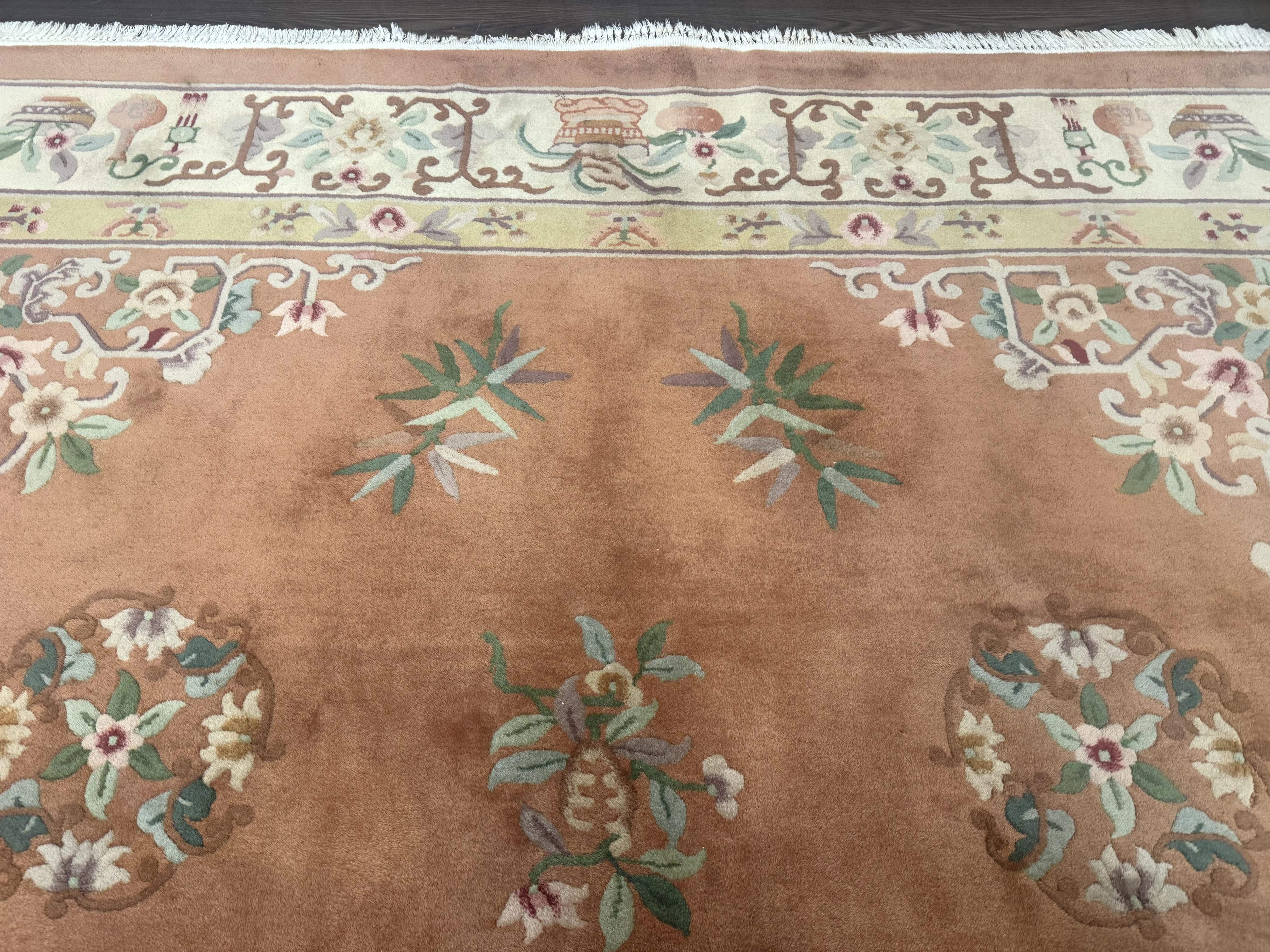 Chinese Wool Rug 9x12 – Apricot-Peach, Hand-Knotted Wool Vintage 90 Line Carpet - Jewel Rugs