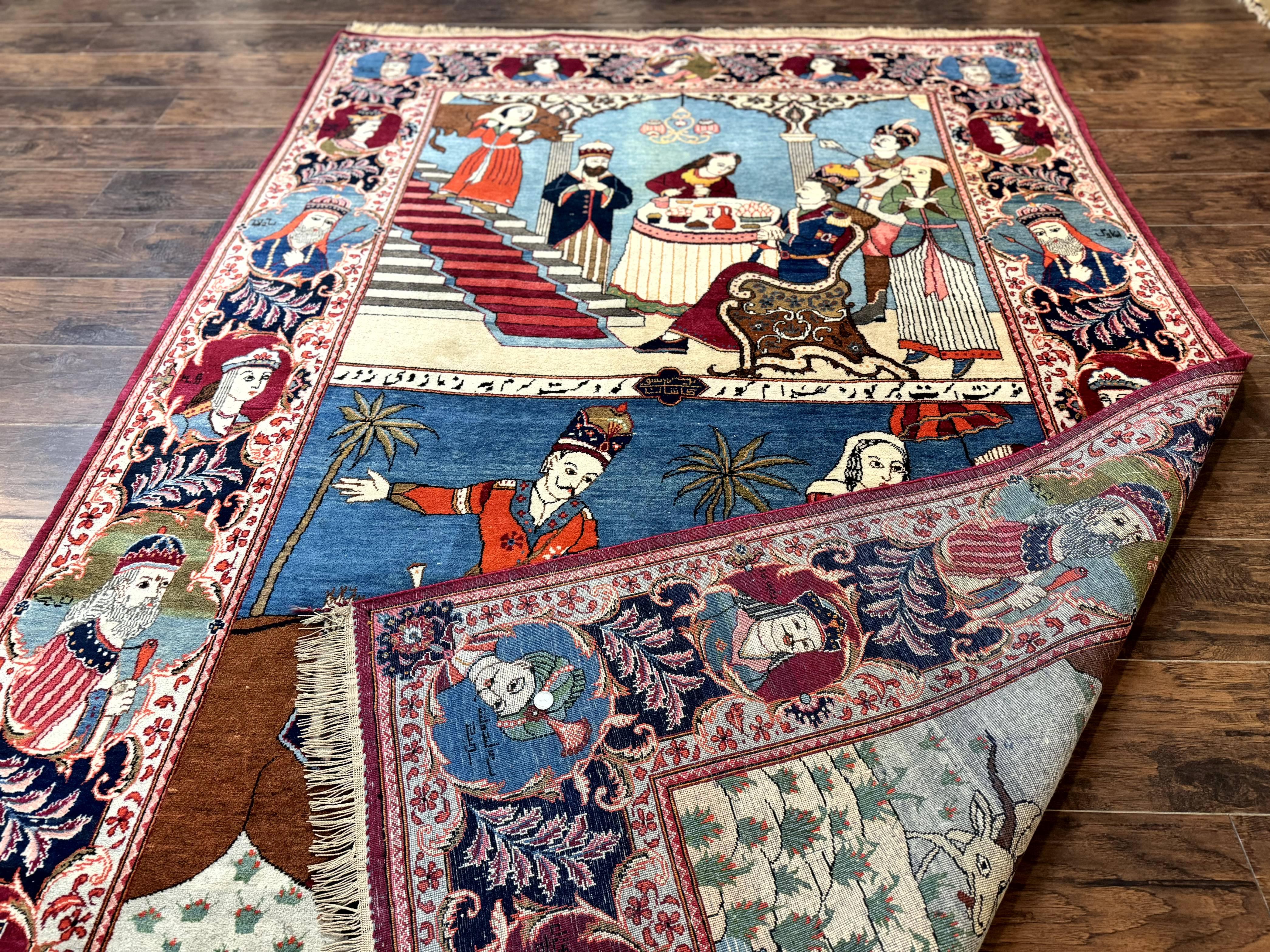 Rare Persian Kashan Pictorial Rug 6x9, King Bahram Hunting Scene, Persian Kings, Hand Knotted Persian Rug for Wall Hanging, Antique, Wool - Jewel Rugs