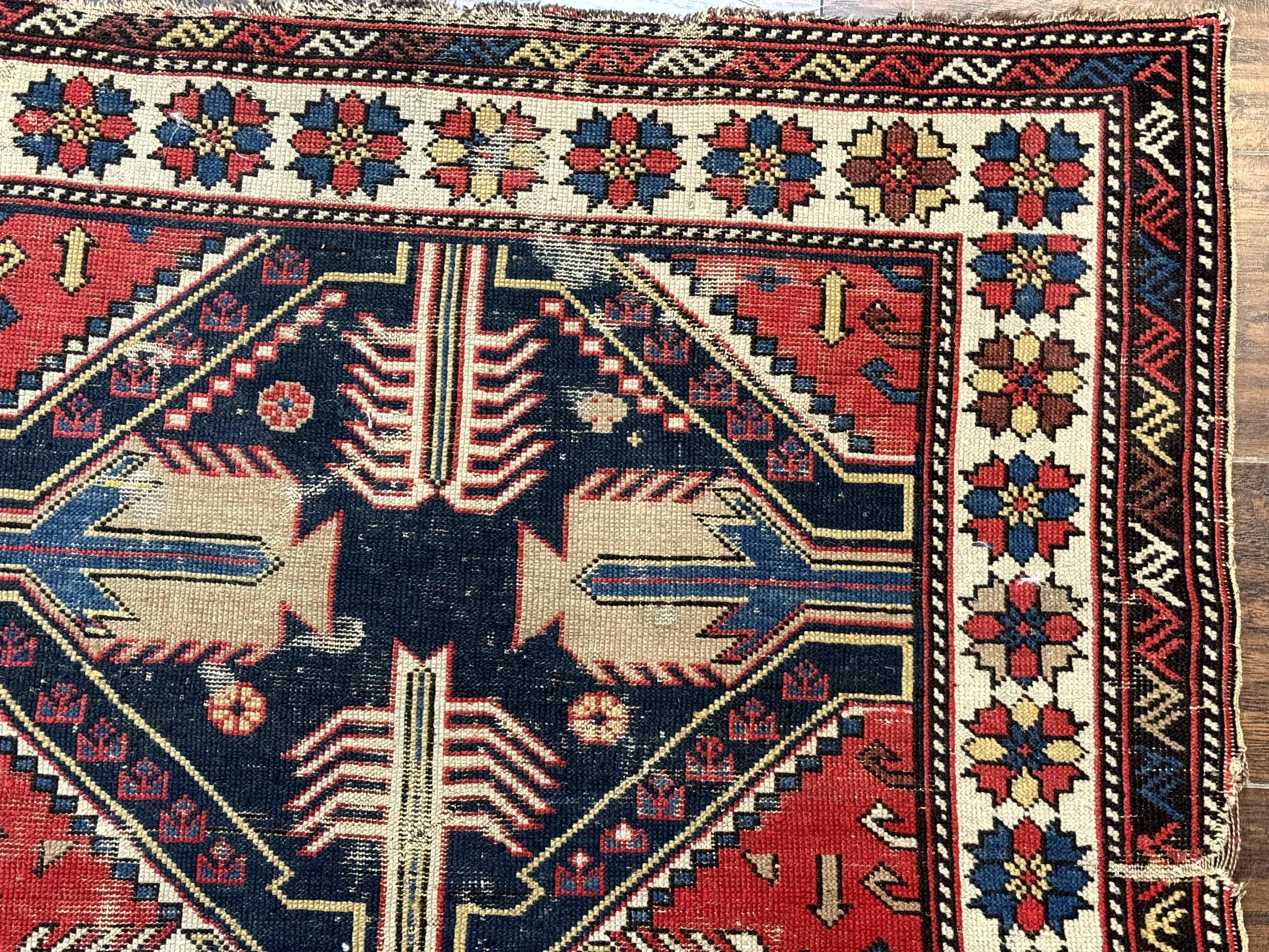 Antique Shirvan Caucasian Rug 3x5, Geometric Pattern, Red Navy Blue Beige - Jewel Rugs