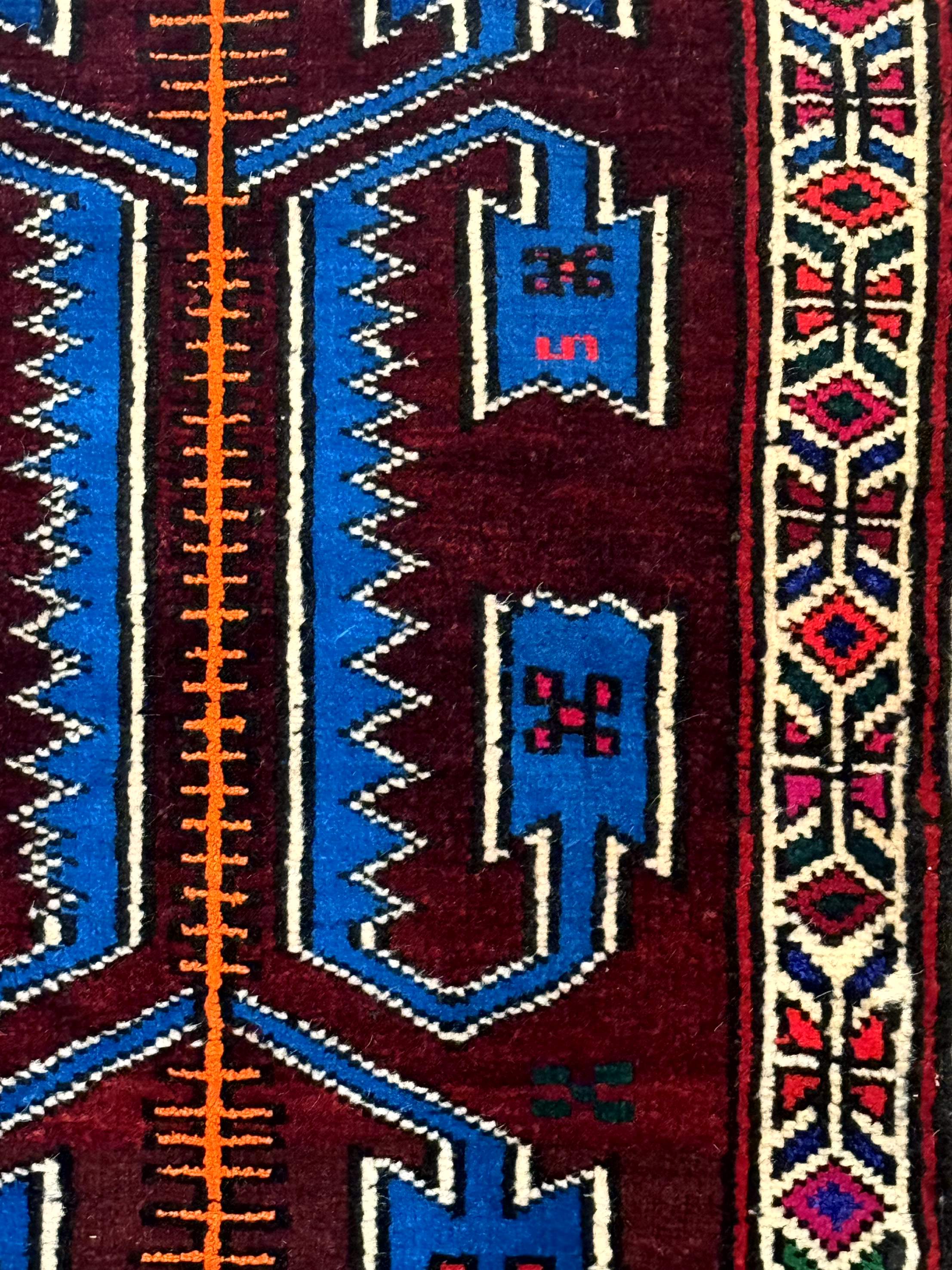 Persian Tribal Rug 1.8 x 2, Small Balouchi Rug, Unique Design, Burgundy and Blue - Jewel Rugs