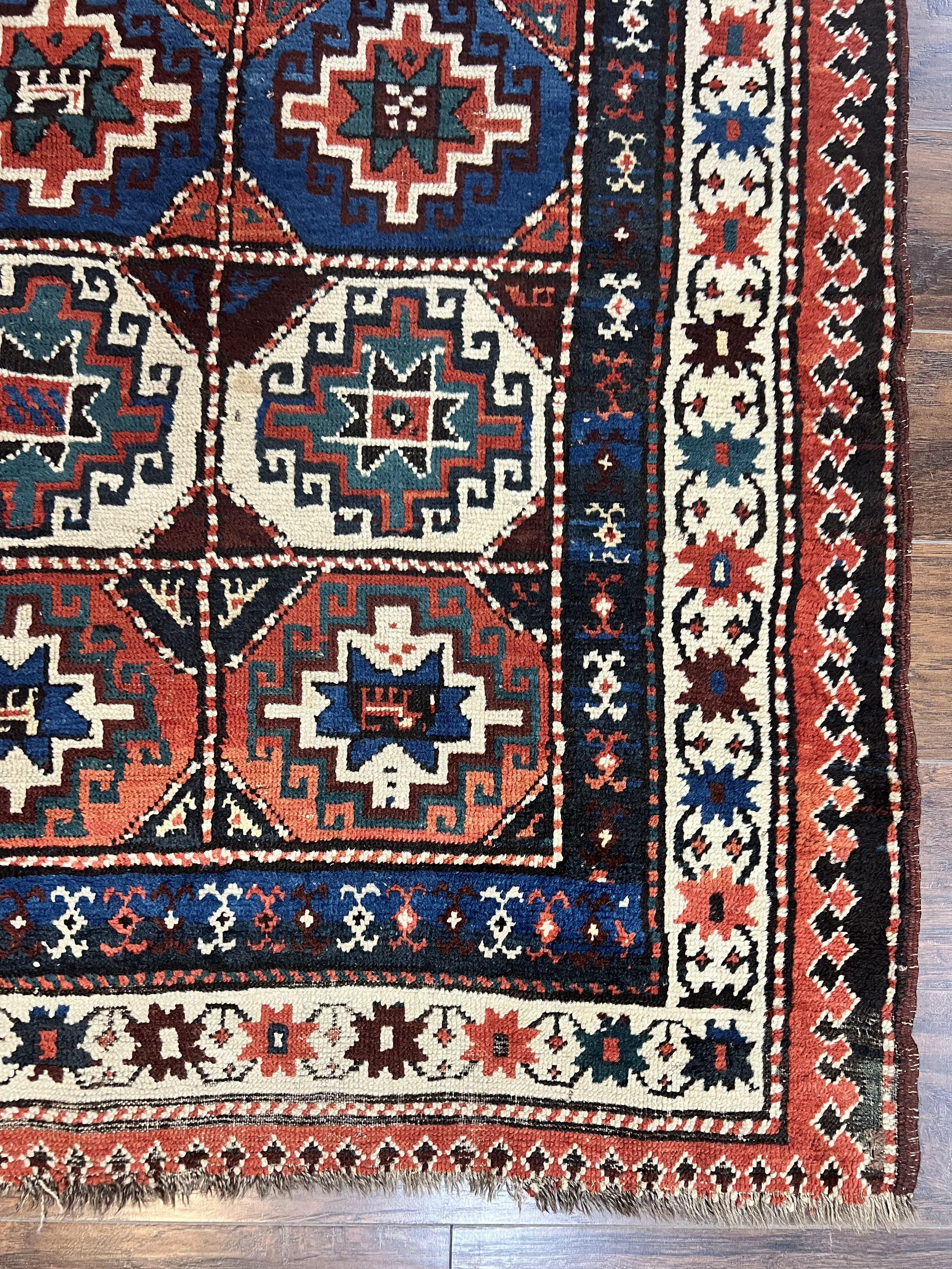 Antique Caucasian Kazak Runner Rug 4 x 9.5, Handmade Wool Rug for Hallway, Rare Colorful Panel Design Mid 19th Century 1870s Oriental Carpet - Jewel Rugs