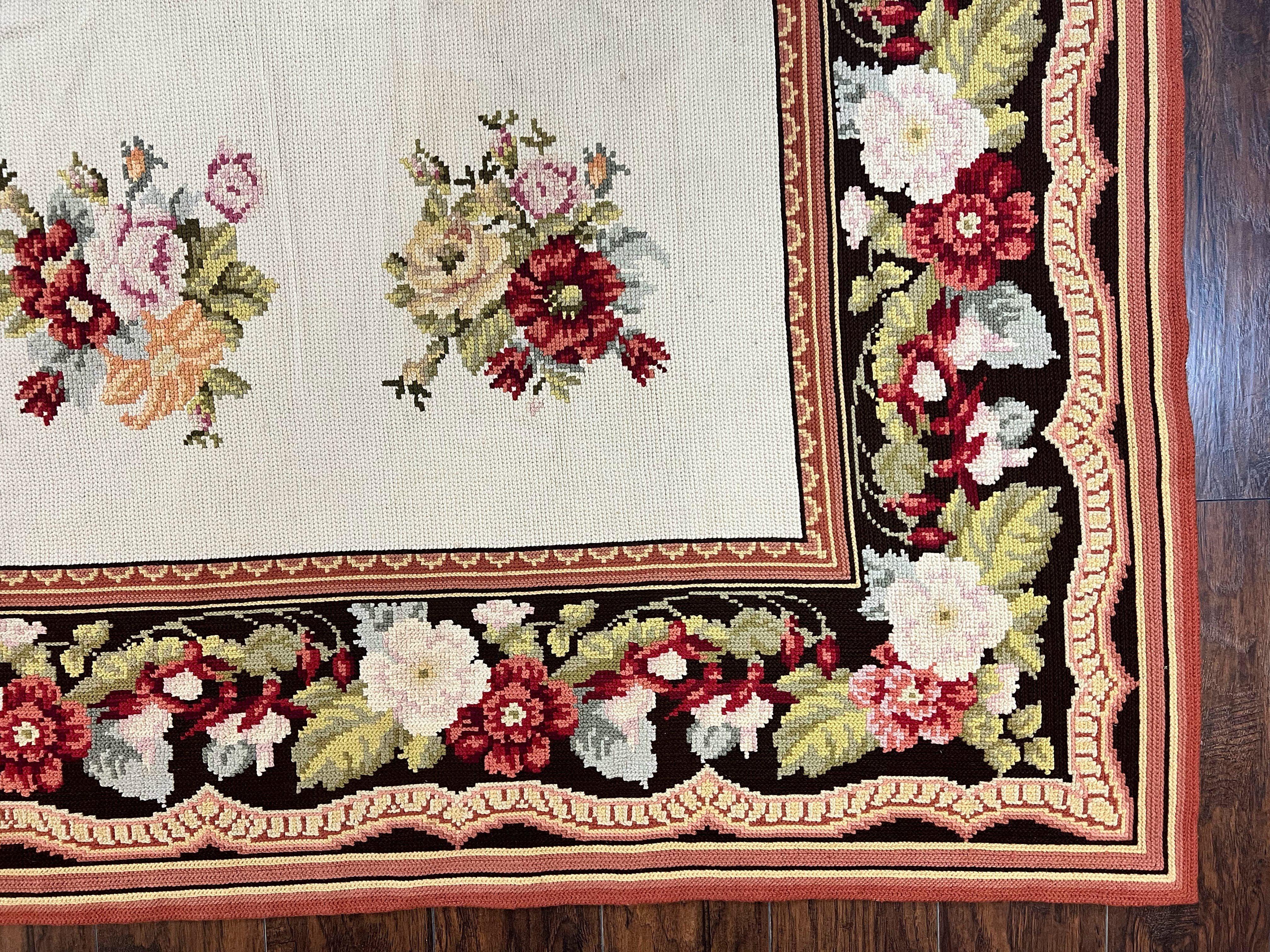 Portuguese Needlepoint Rug 8x9, Vintage Rug 8 x 9 ft, Ivory Dark Brown Hand-Woven Wool Portuguese Carpet, European Rug - Jewel Rugs