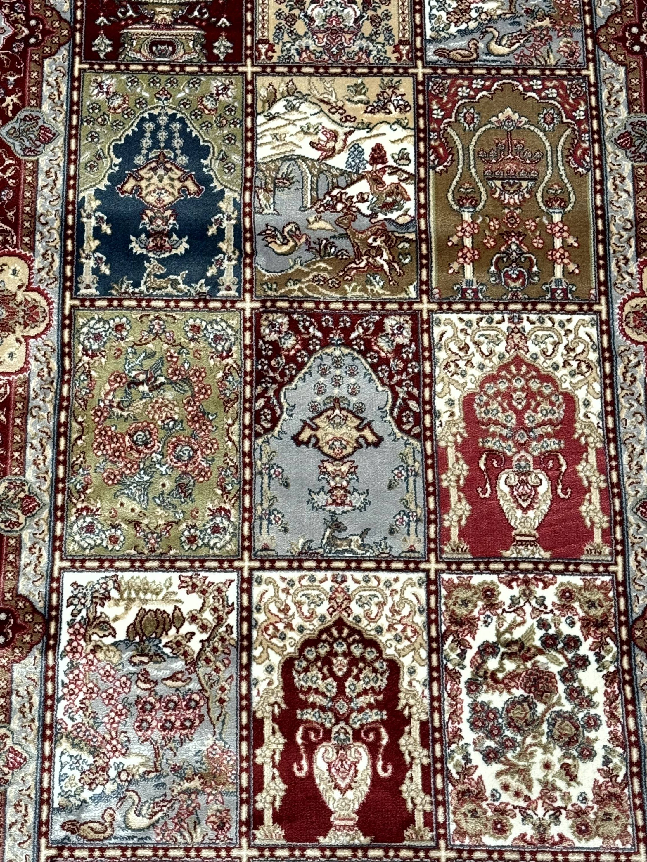 Turkish Silk Runner Rug 2.6 x 11.6, Panel Design, Dark Red Ivory, Bamboo Silk, New - Jewel Rugs