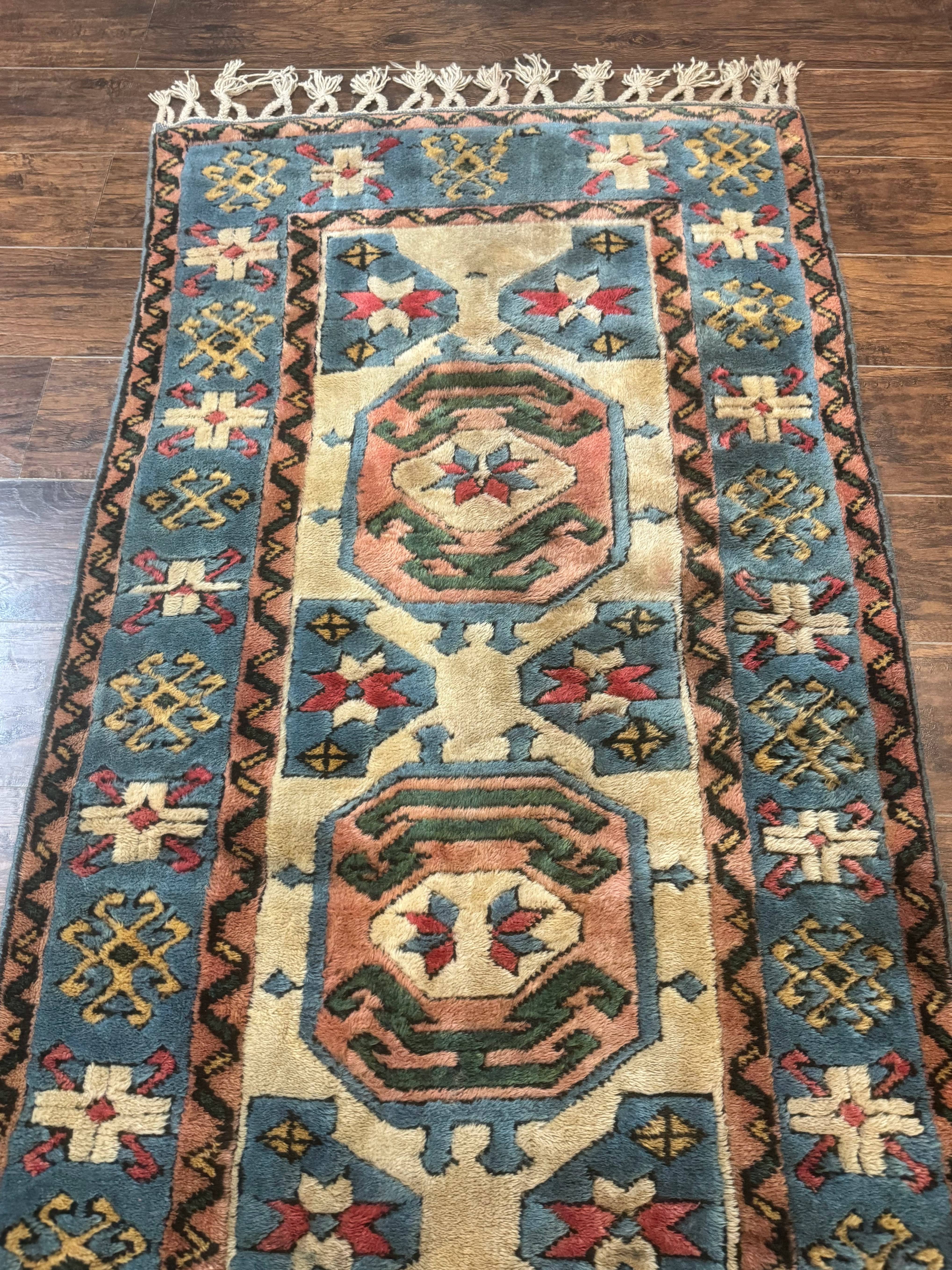 Turkish Kazak Runner Rug 3x11, Cream and Light Blue, Vintage - Jewel Rugs