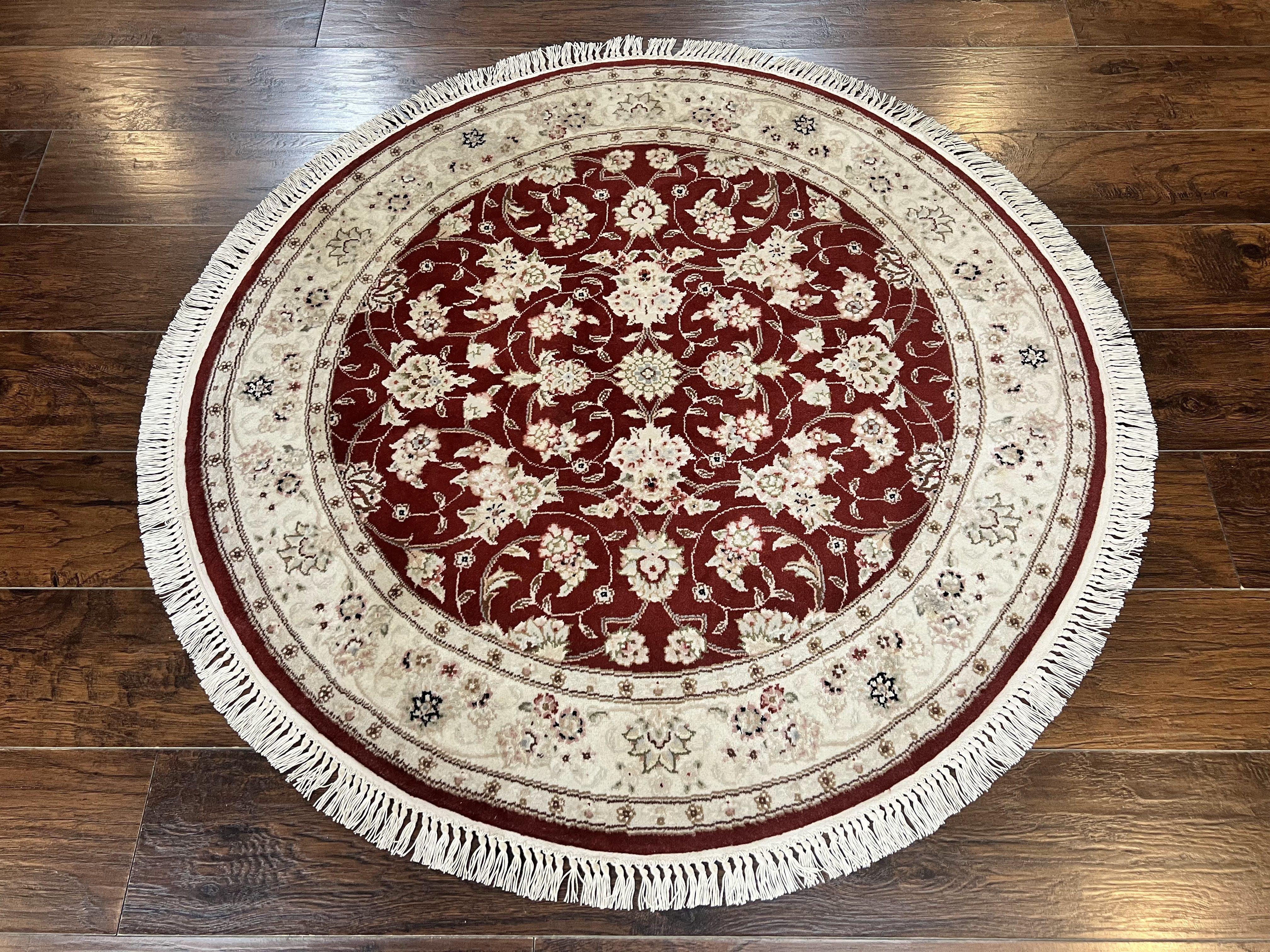 Sino Persian Round Rug 4x4, Wool Hand Knotted Oriental Carpet, Maroon & Ivory Vintage Rug, Floral Rug, Traditional Rug 4 x 4, Fine Rug - Jewel Rugs