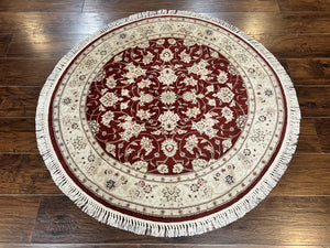 Sino Persian Round Rug 4x4, Wool Hand Knotted Oriental Carpet, Maroon & Ivory Vintage Rug, Floral Rug, Traditional Rug 4 x 4, Fine Rug