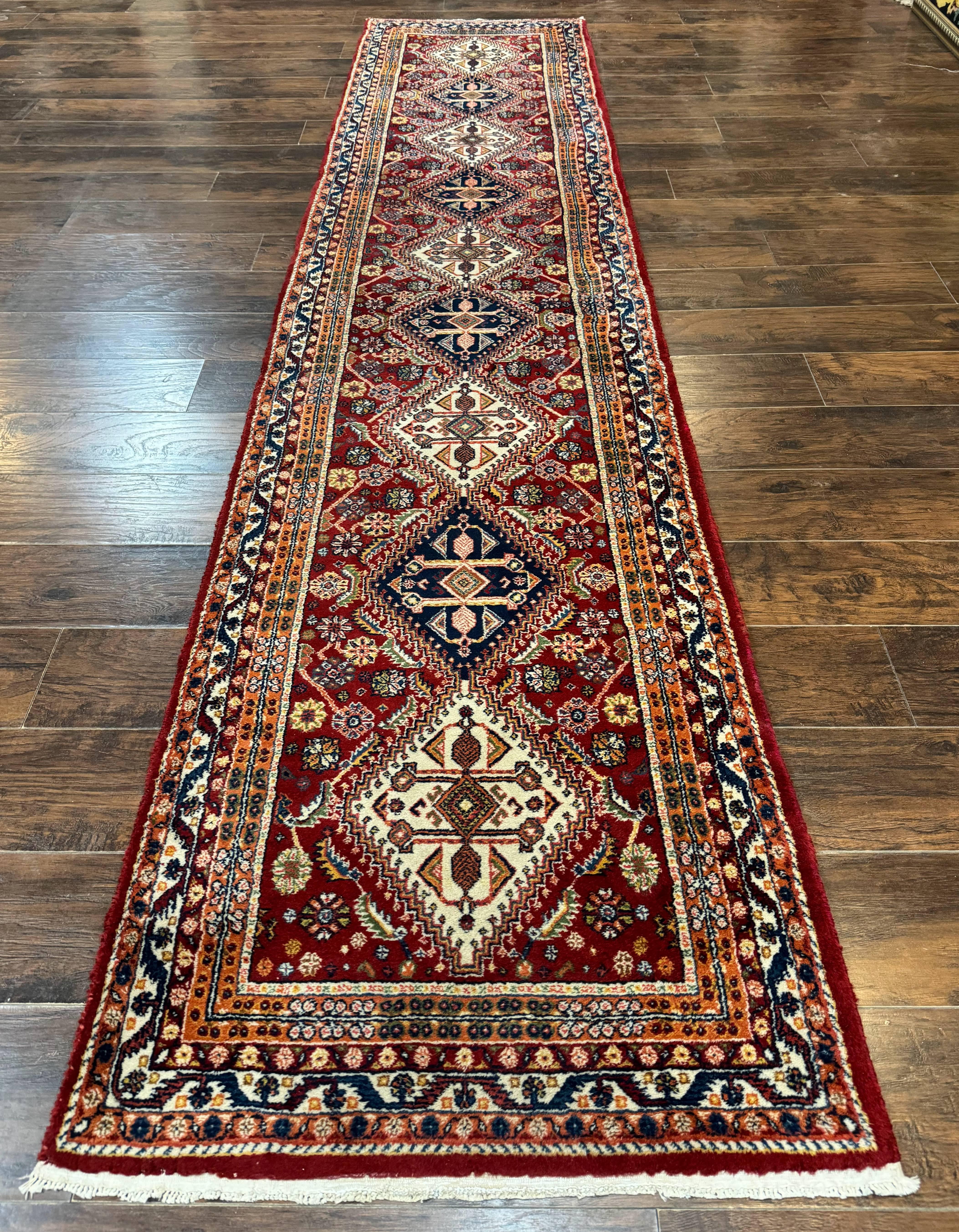Antique Persian Qashqai Runner Rug 3 x 13 ft, Tribal Runner, Geometric Medallions, Red Ivory Blue, Wool - Jewel Rugs