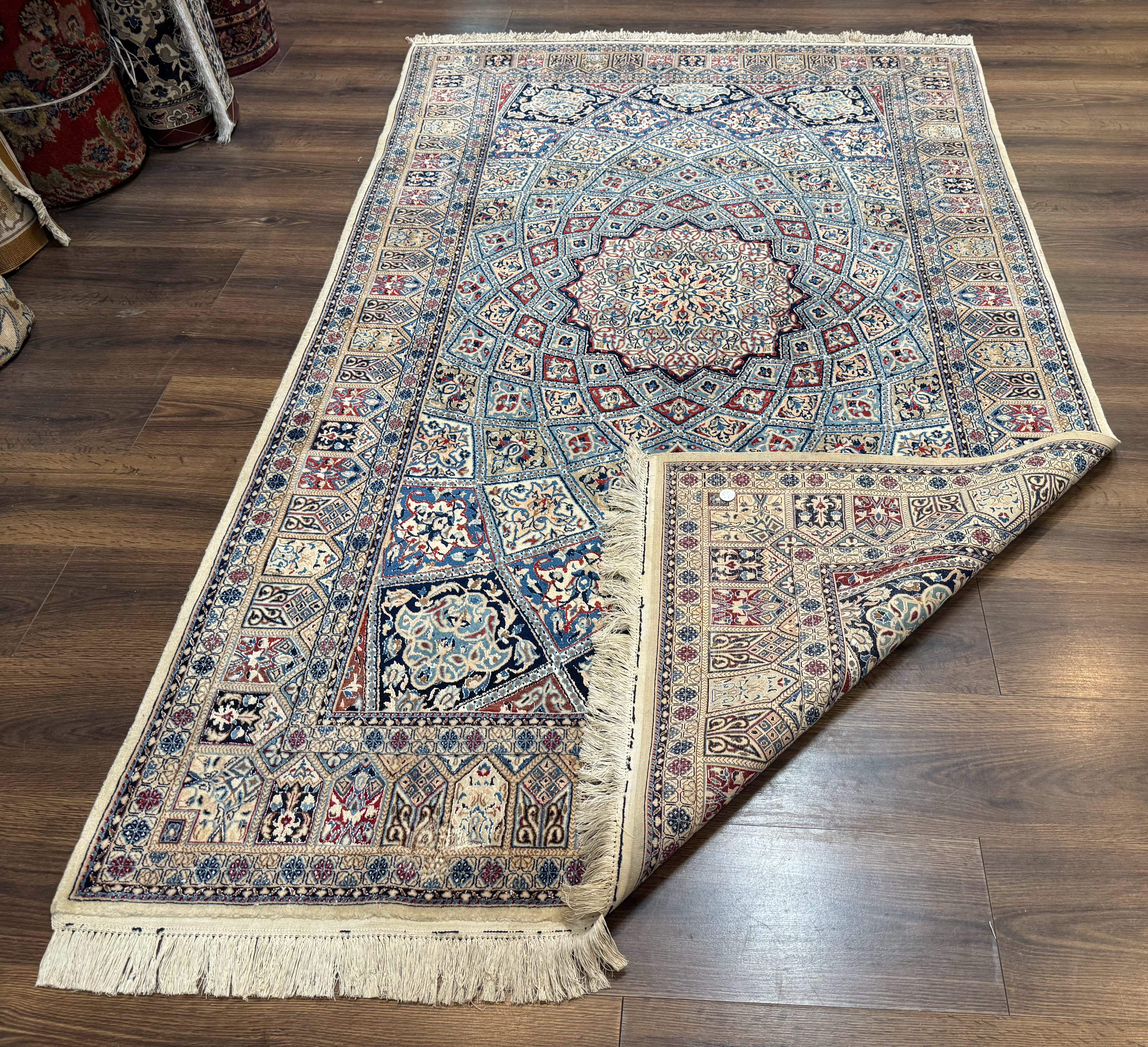 Persian Nain Rug 5x7, Very Fine 500 KPSI, Ivory and Blue, Dome Design, Wool & Silk - Jewel Rugs