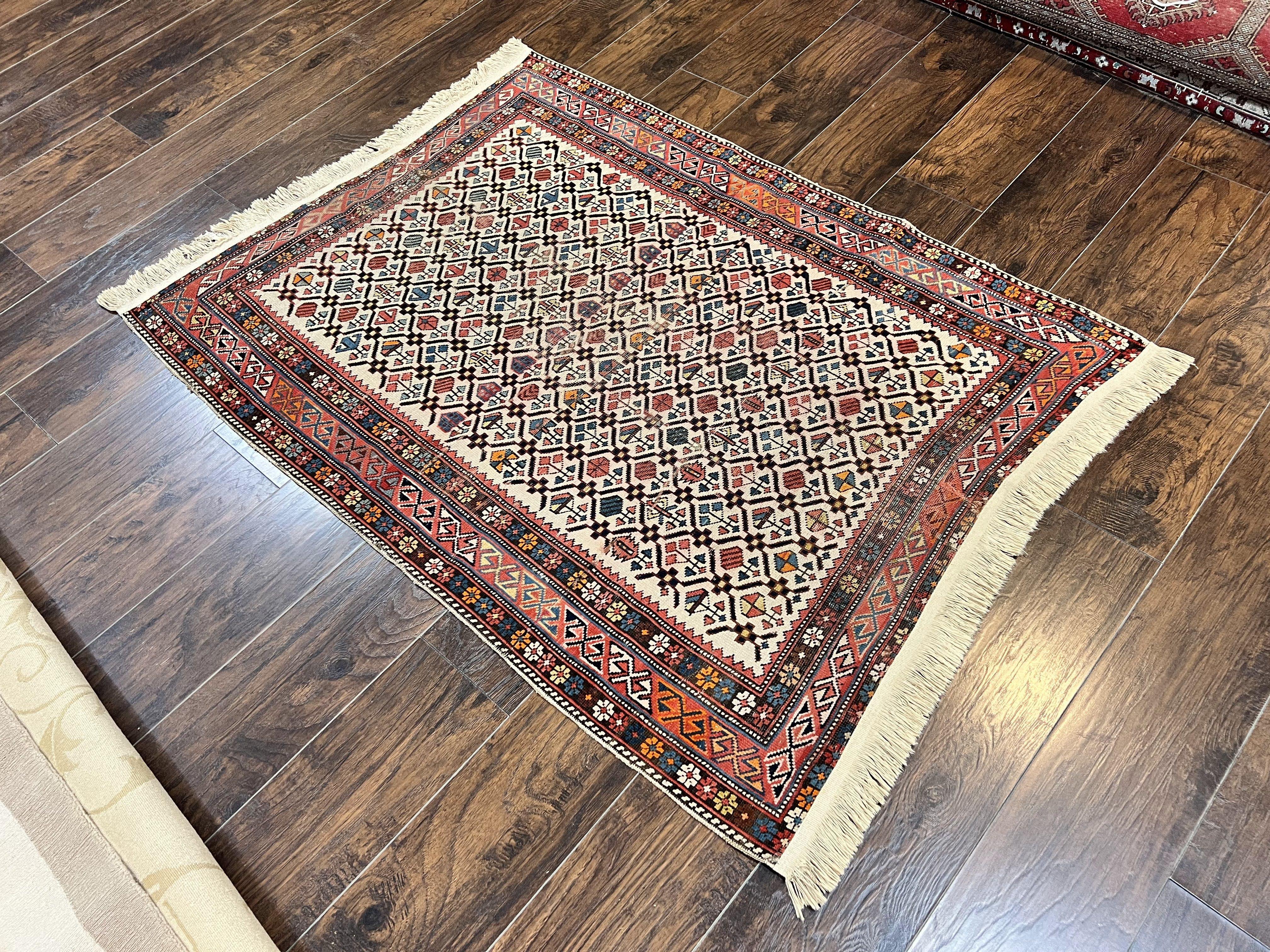 Antique Caucasian Rug 4x5, Hand Knotted Handmade Shirvan Oriental Carpet, Ivory Red Rug Allover Pattern, Rare Wool Rug, Tribal Geometric Rug - Jewel Rugs