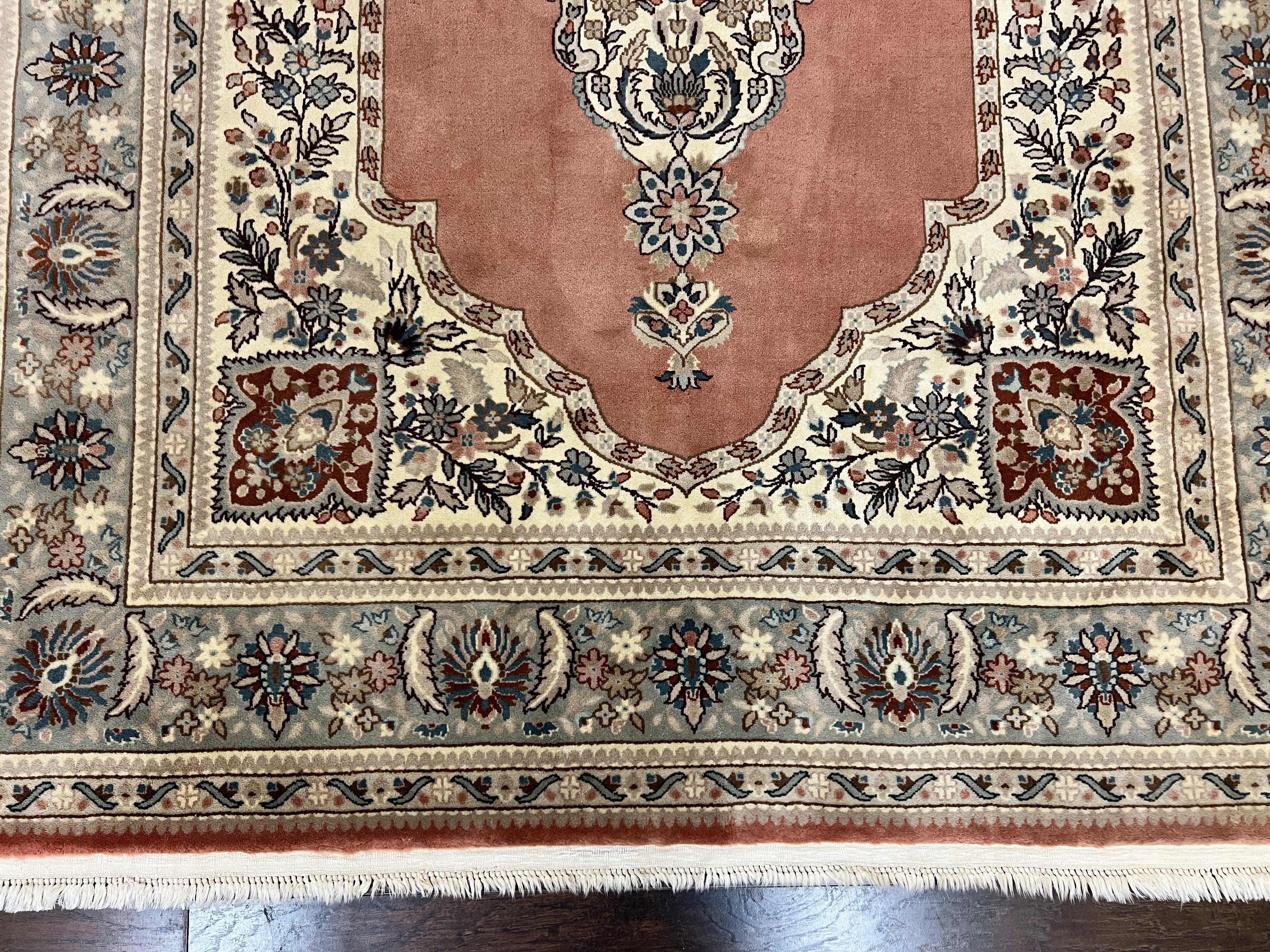 Indo Persian Rug 6x9, Semi Open Field Medallion Rug, Vintage Hand Knotted Wool Oriental Carpet, Traditional Rug, Light Pink, Medium Size - Jewel Rugs