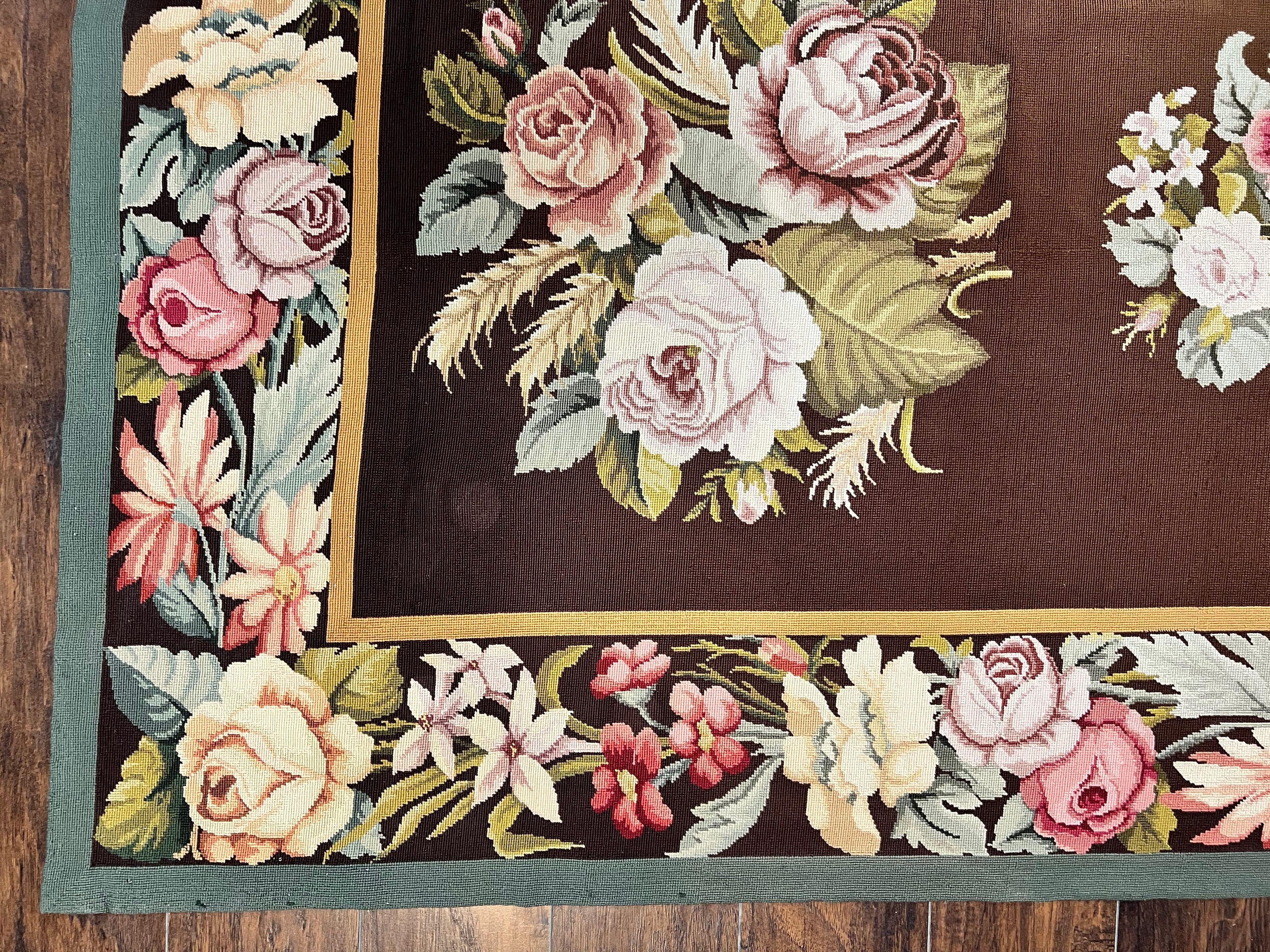 Vintage Needlepoint Rug 9x12, Large Handmade Hand-woven Needlepoint Carpet, Brown Area Rug, Floral Bouquets, Wool Rug, European Design - Jewel Rugs