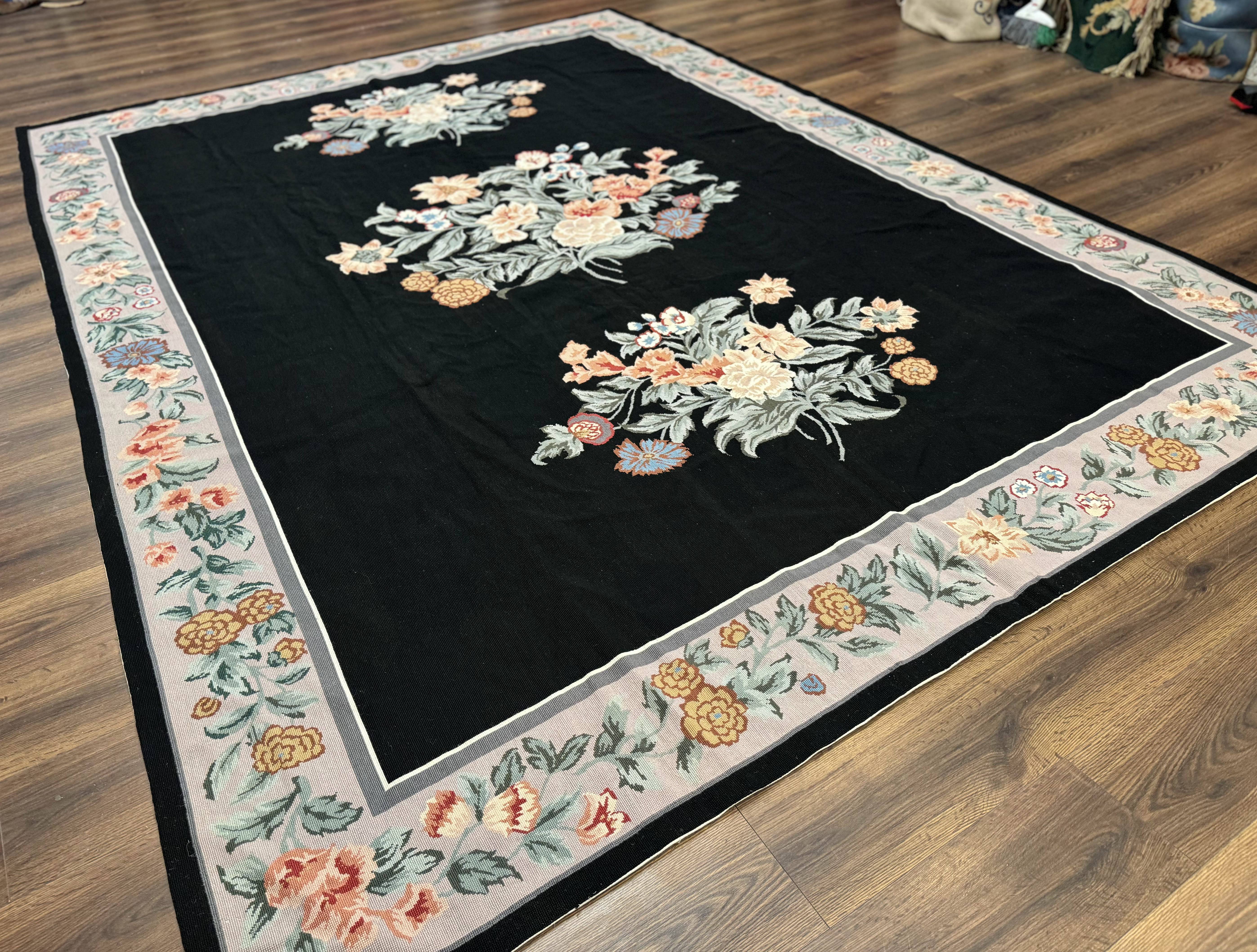 Black Needlepoint Rug 8x11 with Multicolor Flowers, Vintage Carpet - Jewel Rugs