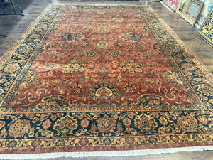 Indo Persian Mahal Rug 10x14, Red Large Indian Carpet, Floral, Handmade Vintage Wool Rug