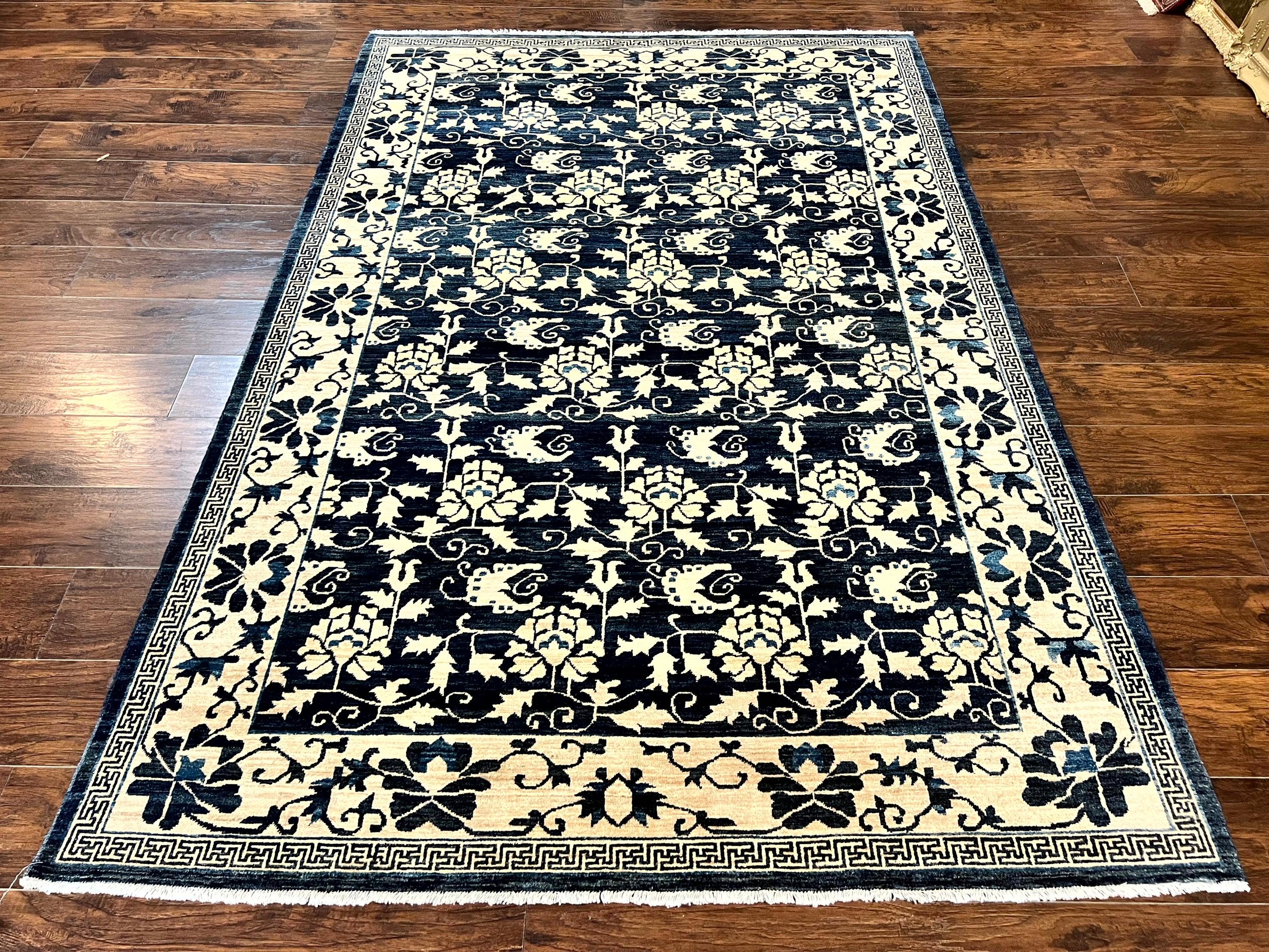 Sino Persian Rug 6x9, Hand Knotted Wool Carpet, Floral Allover, Blue Cream-Tan - Jewel Rugs