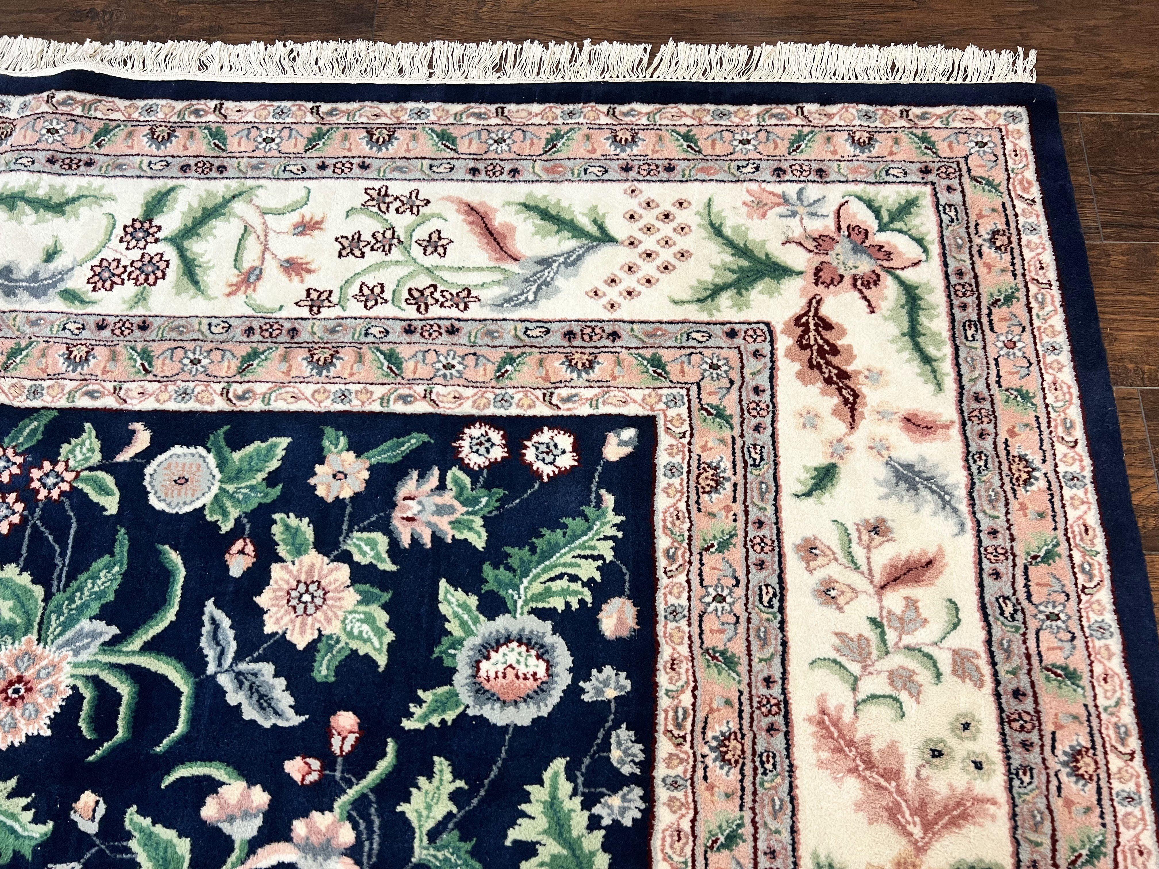 Indo Persian Rug 9x12, Wool Hand Knotted Vintage Carpet, Navy Blue & Ivory, Floral Allover Oriental Rug, 9 x 12 Room Sized Traditional Rug - Jewel Rugs