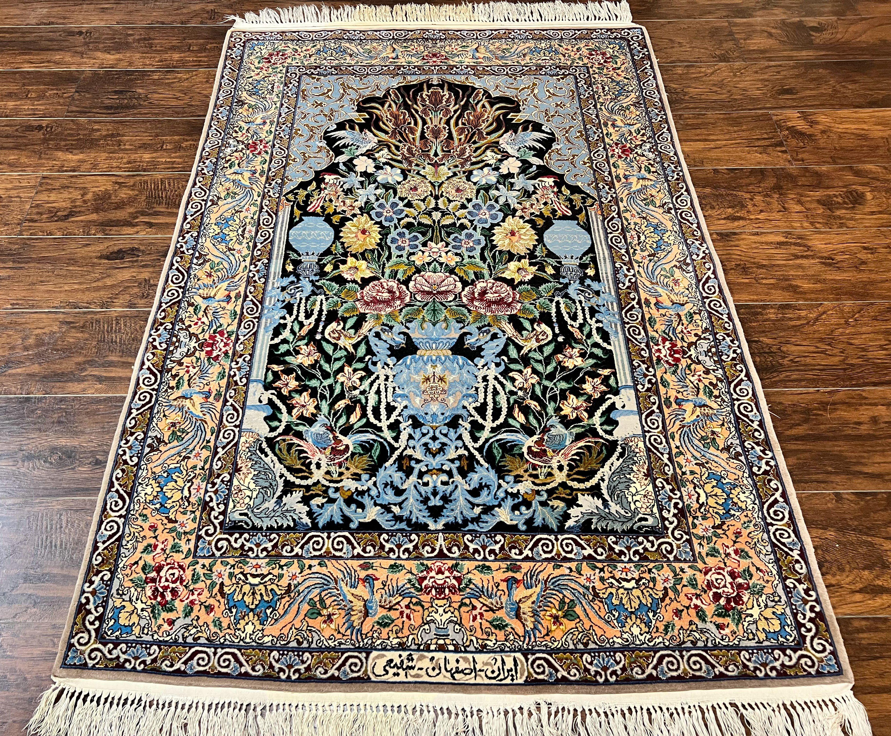 Wonderful Persian Isfahan Rug 3.7 x 5, Kork Wool on Silk Foundation, Very Fine 460 KPSI, Tree of Life Persian Vase Design Animal Pictorials Peacocks - Jewel Rugs