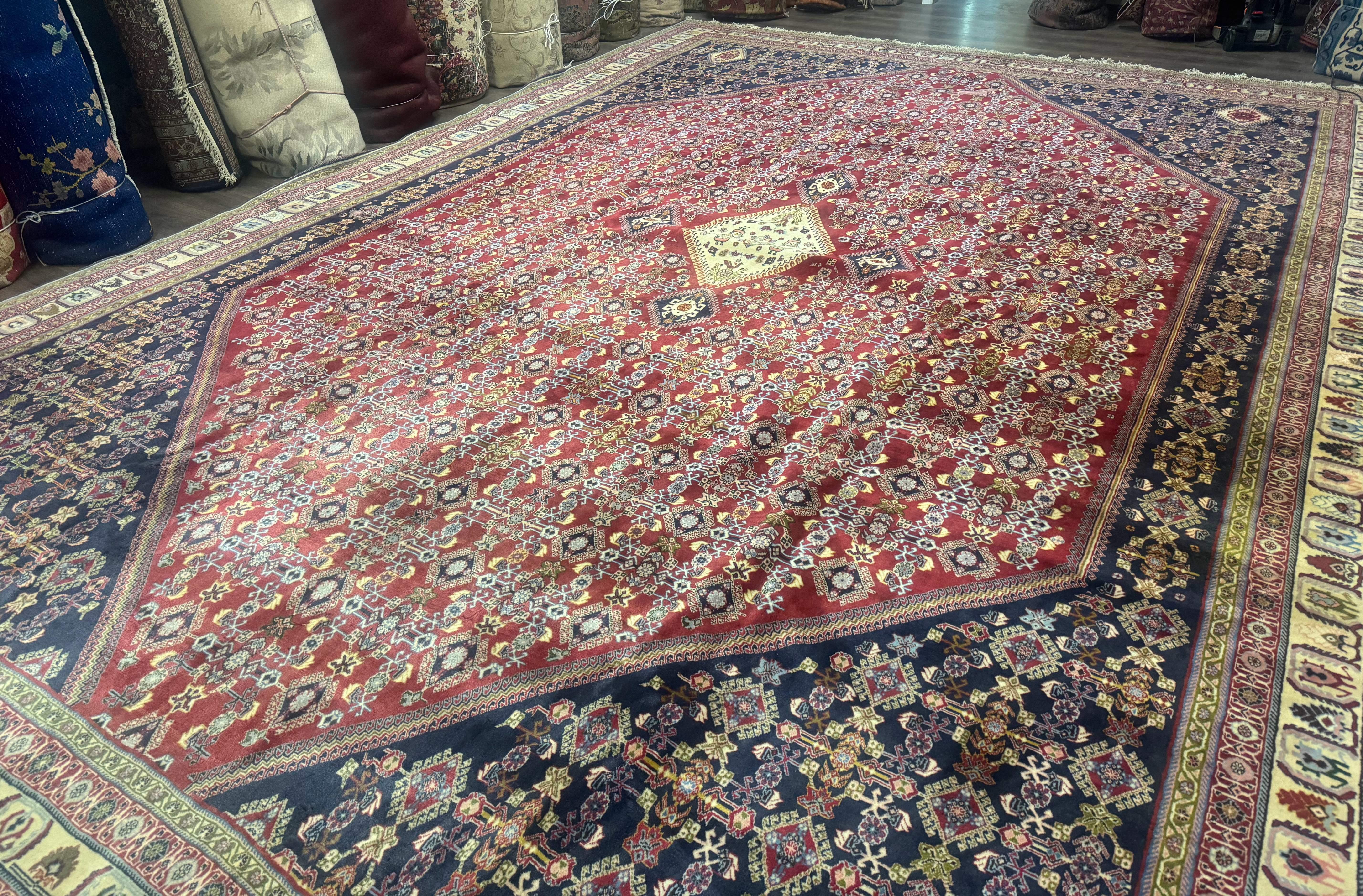 Palace Size Persian Shiraz Rug 13x19, Tribal Rug, Herati Pattern, Brick Red Navy Blue Beige, Oversized Persian Wool Area Rug, Extra Large - Jewel Rugs