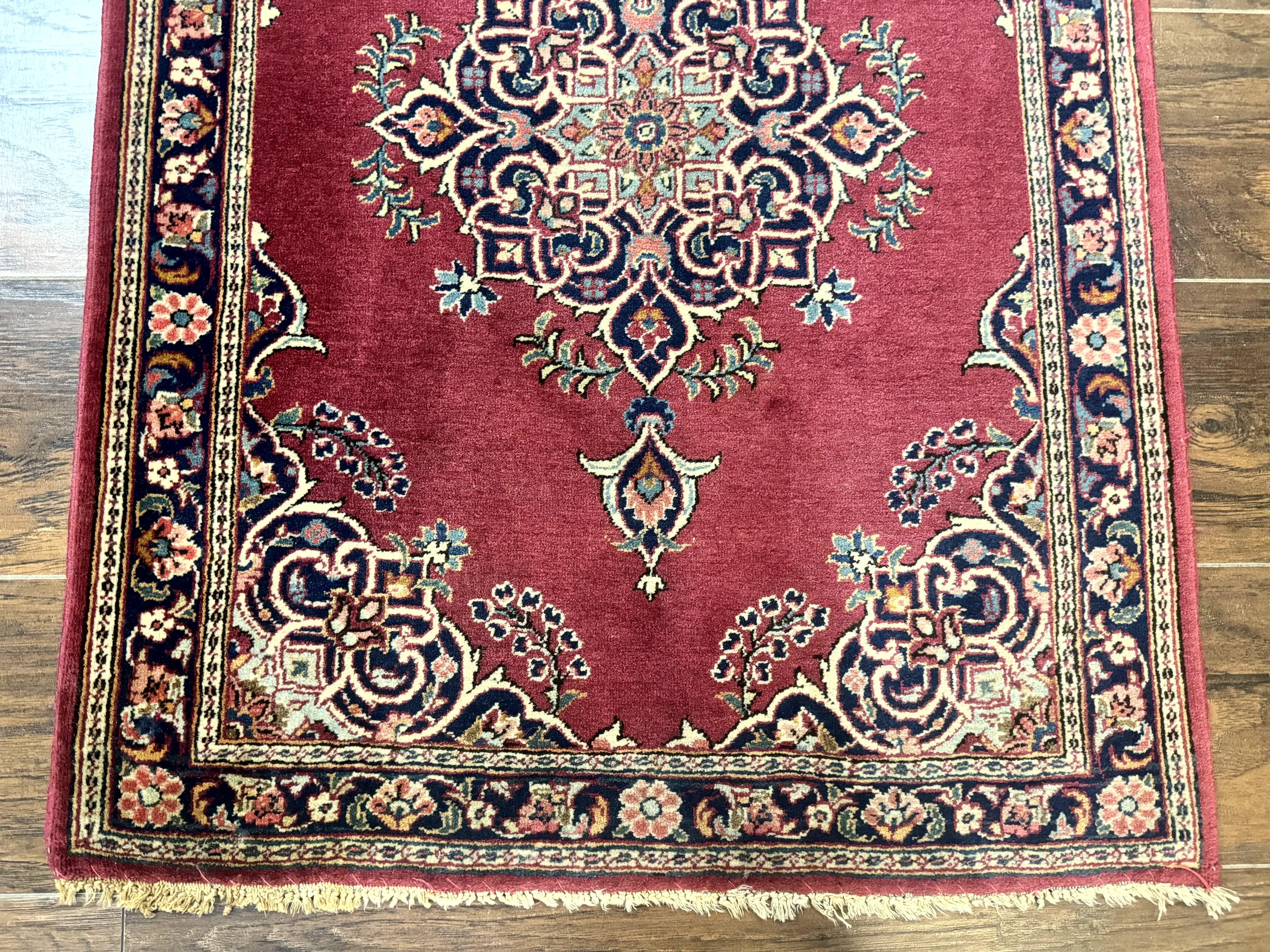 Small Persian Kashan Rug 2x3, Red and Navy Blue, Handmade Vintage Wool Semi Antique Persian Carpet, Semi Open Field, Pair B - Jewel Rugs