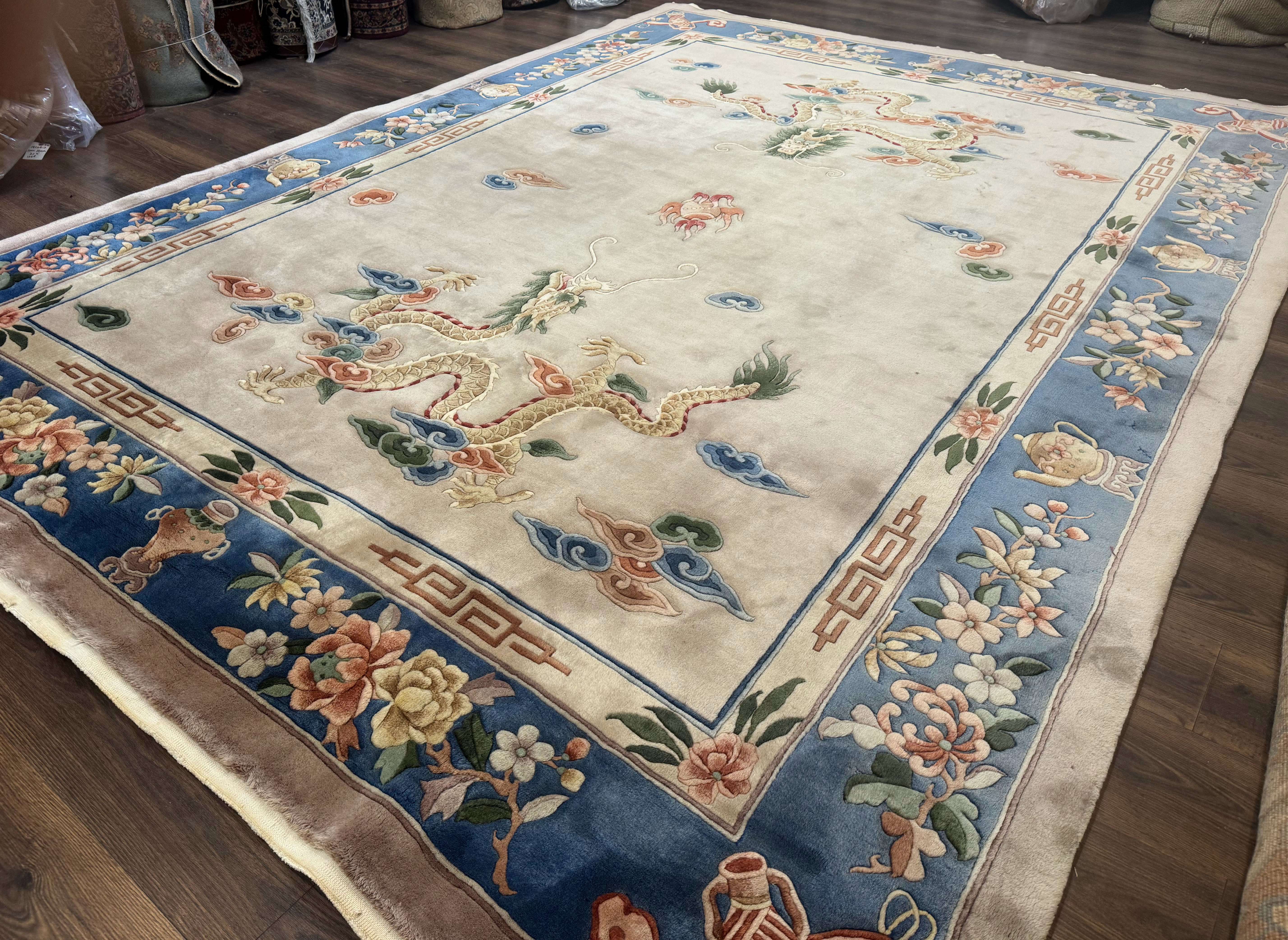 Chinese Wool Rug 9x12 with Dragons, Vintage Chinese 90 Line Carpet - Jewel Rugs