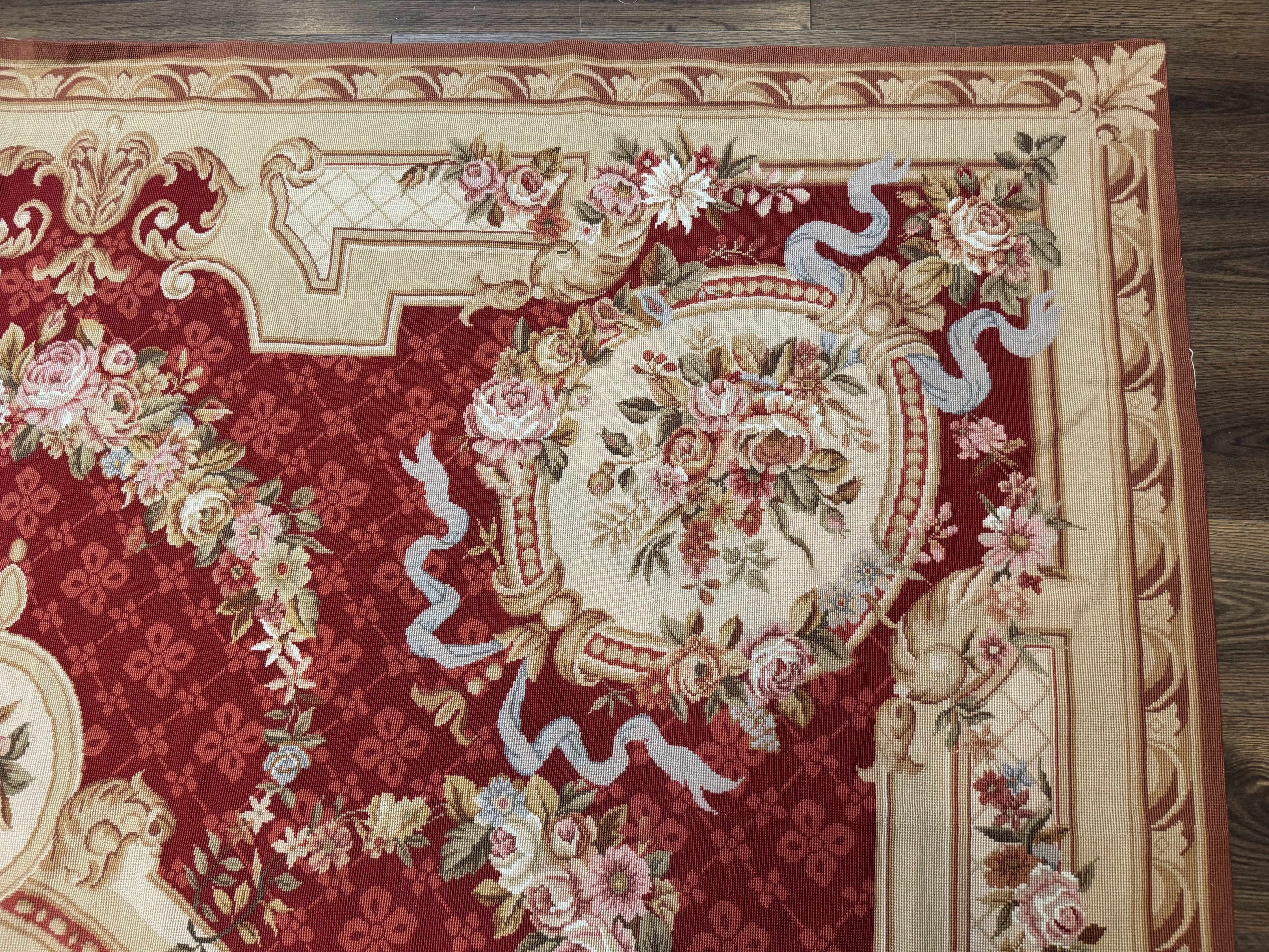 Aubusson Rug 8x11, Needlepoint Carpet, Red Ivory Beige, Vintage, French European Design - Jewel Rugs