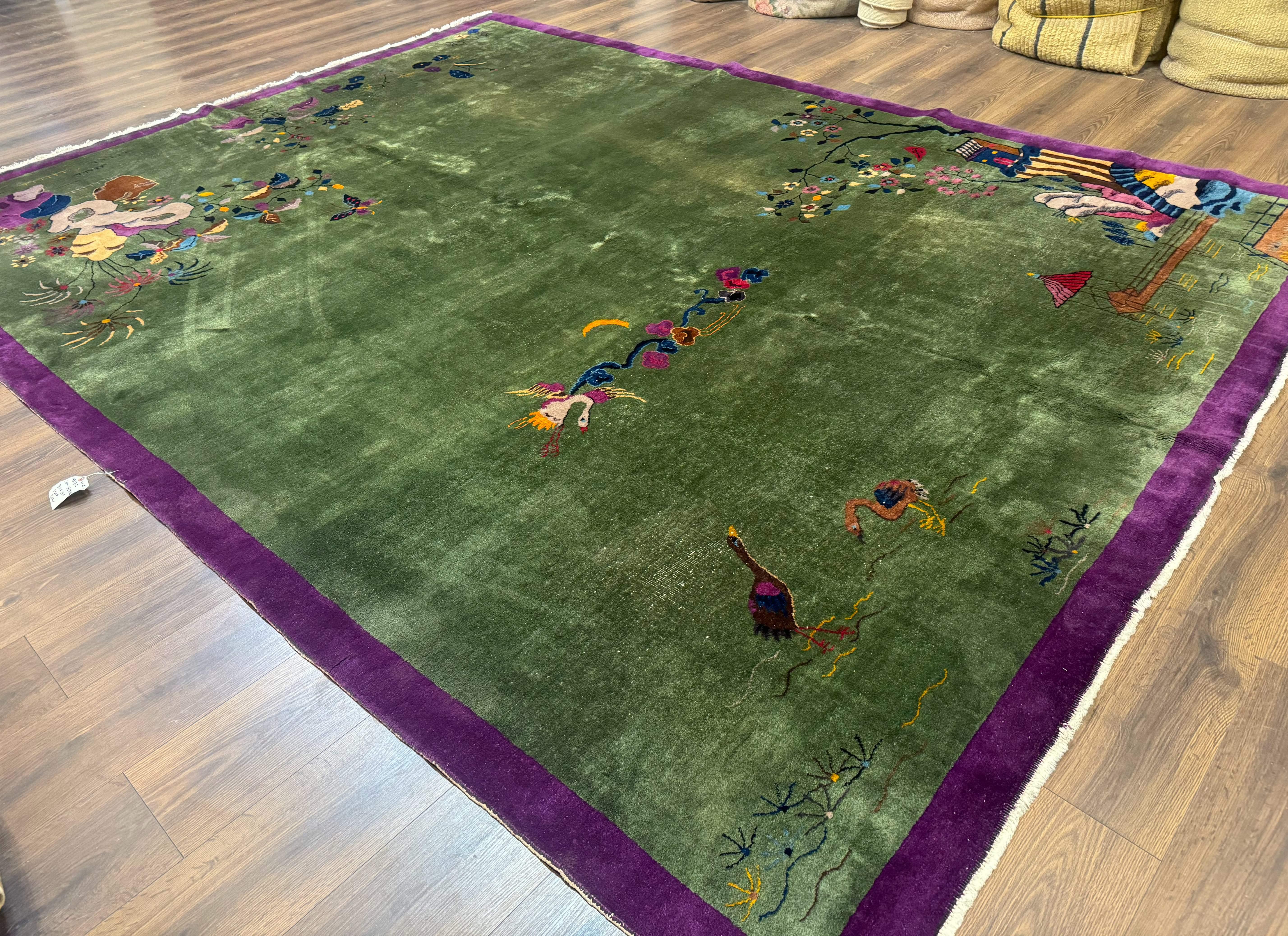 Antique Chinese Nichols Rug 9x12 - Rare Green and Purple Art Deco Carpet - Jewel Rugs