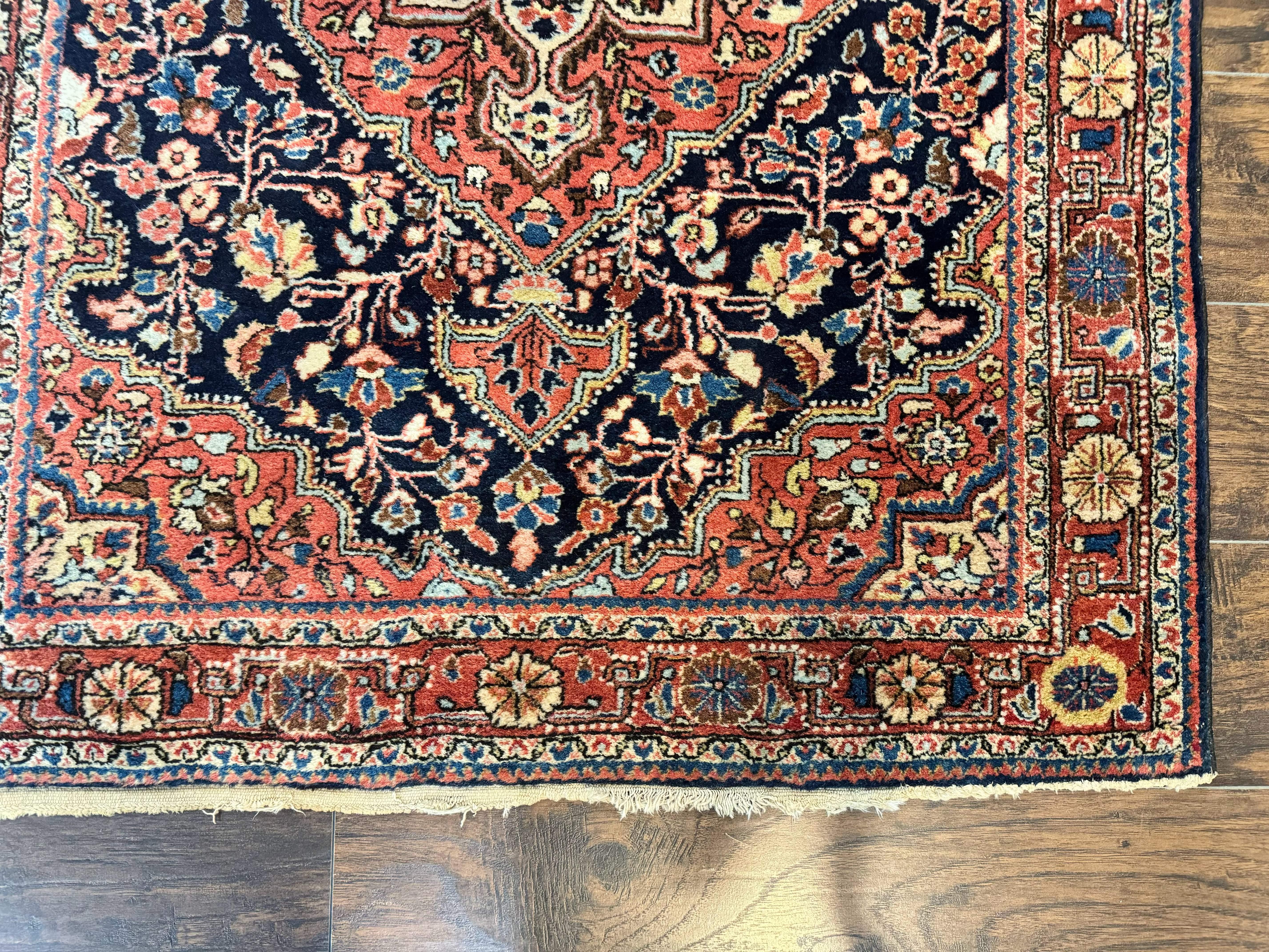 Persian Sarouk Rug 3.6 x 5, Medallion Rug, Red and Midnight Blue, Handmade Semi Antique Vintage Wool Carpet - Jewel Rugs