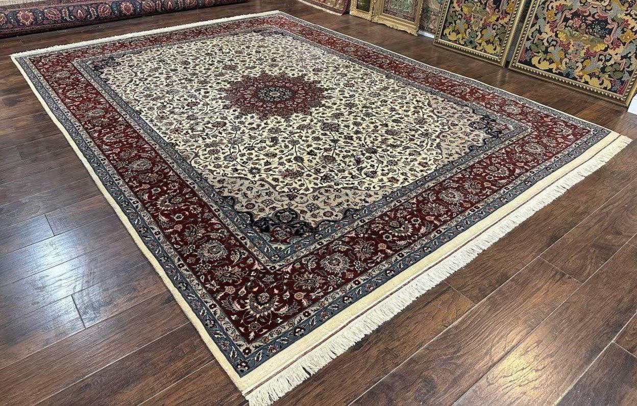 Sino Persian Rug 9x12, Vintage Wool Oriental Carpet, Floral Medallion, Wool Rug, Cream and Maroon - Jewel Rugs