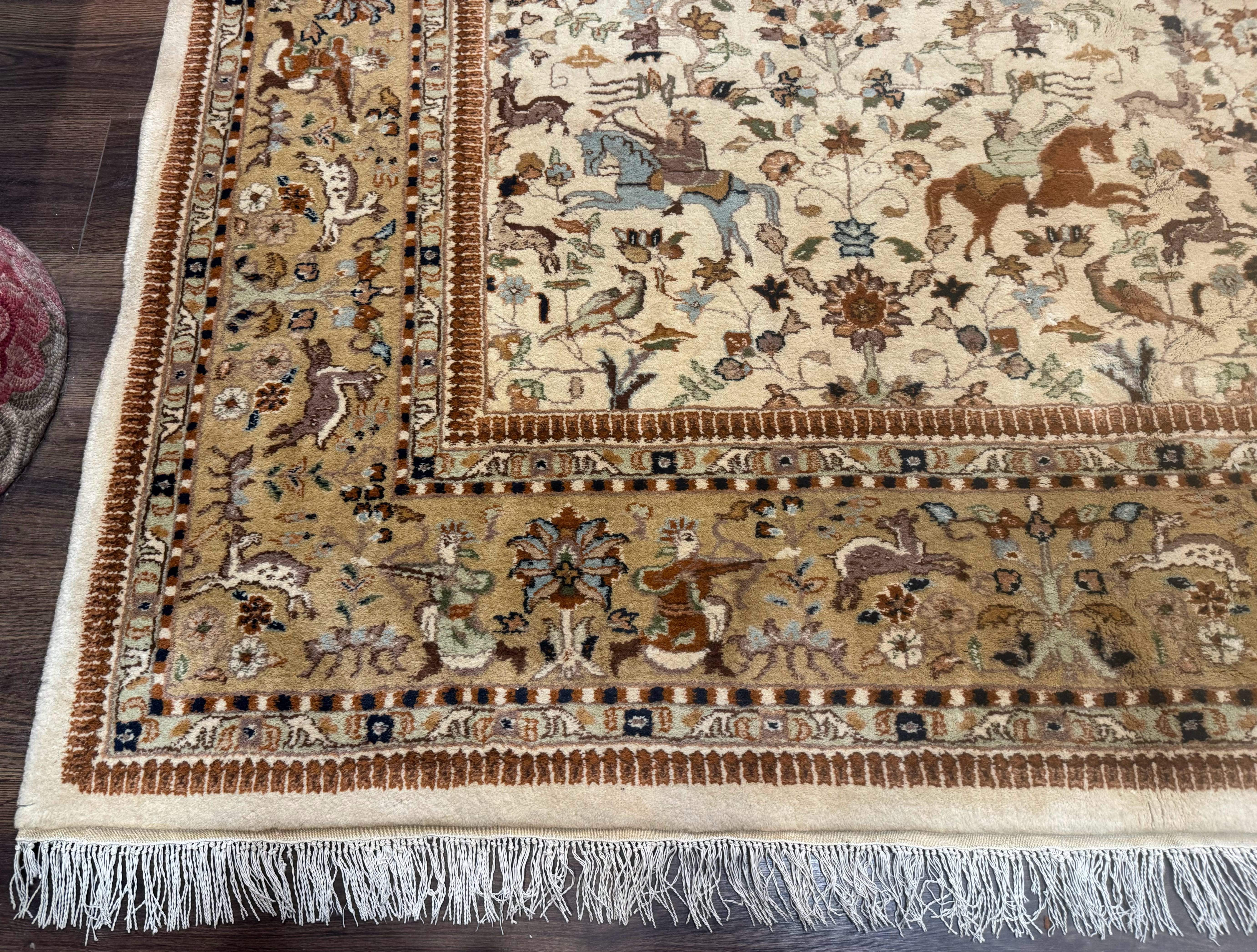 Palace Size Persian Tabriz Rug 12x15 – Beige and Tan, Hunting Design, Wool, Animal Pictorials - Jewel Rugs