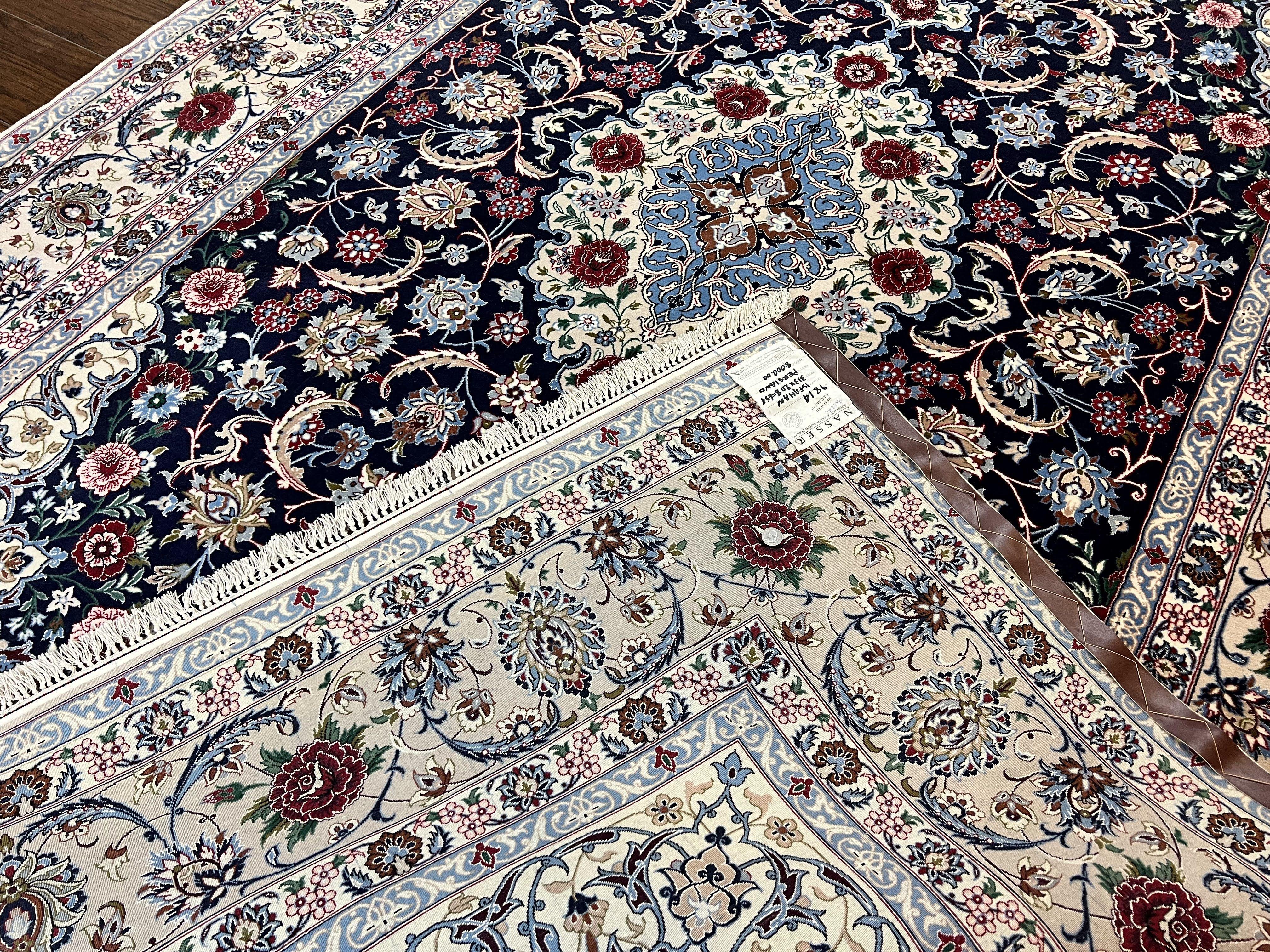 Marvelous Persian Isfahan Rug 7x10, Super Fine Hand Knotted Wool Oriental Carpet 7 x 10 ft, Navy Blue Ivory, Floral Medallion, Semi Antique Vintage - Jewel Rugs