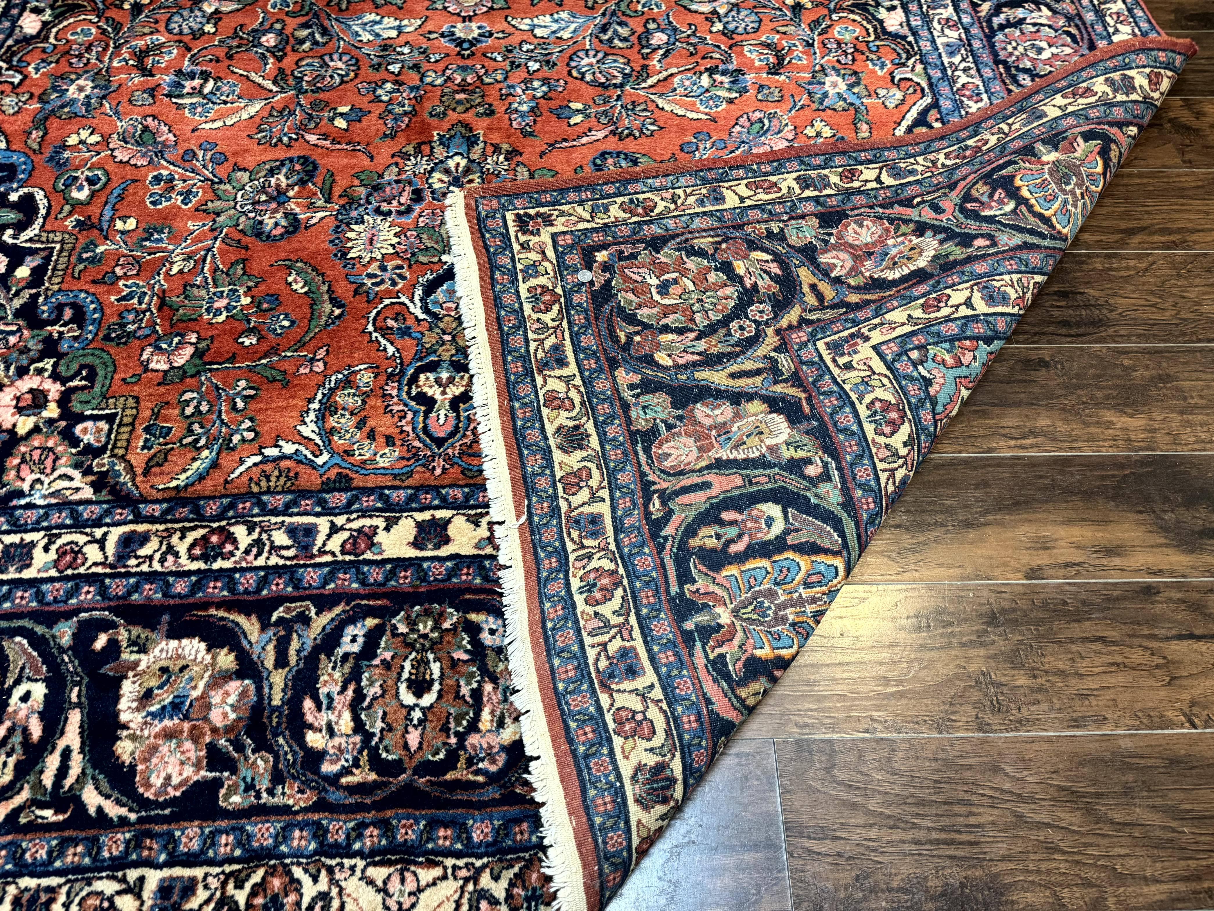 Palace Sized Antique Persian Rug 9x19, Handmade Wool Persian Carpet, Red Navy Blue, Floral Medallion - Jewel Rugs