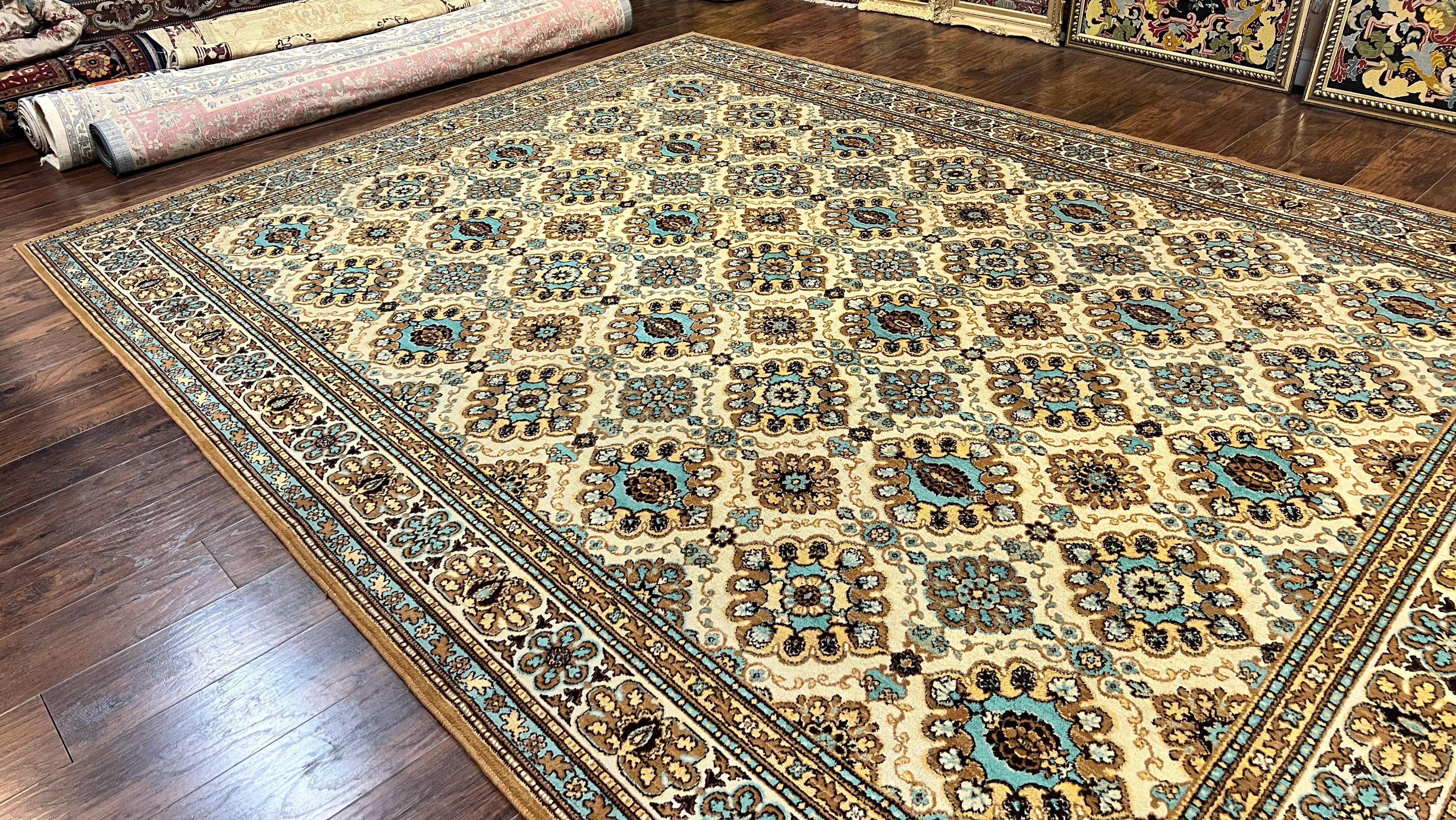 Belgium Power Loomed Rug 10x13, Colorful Multicolor Cream Red Blue, Wool, Large Area Rug, Vintage, Room Sized Carpet - Jewel Rugs