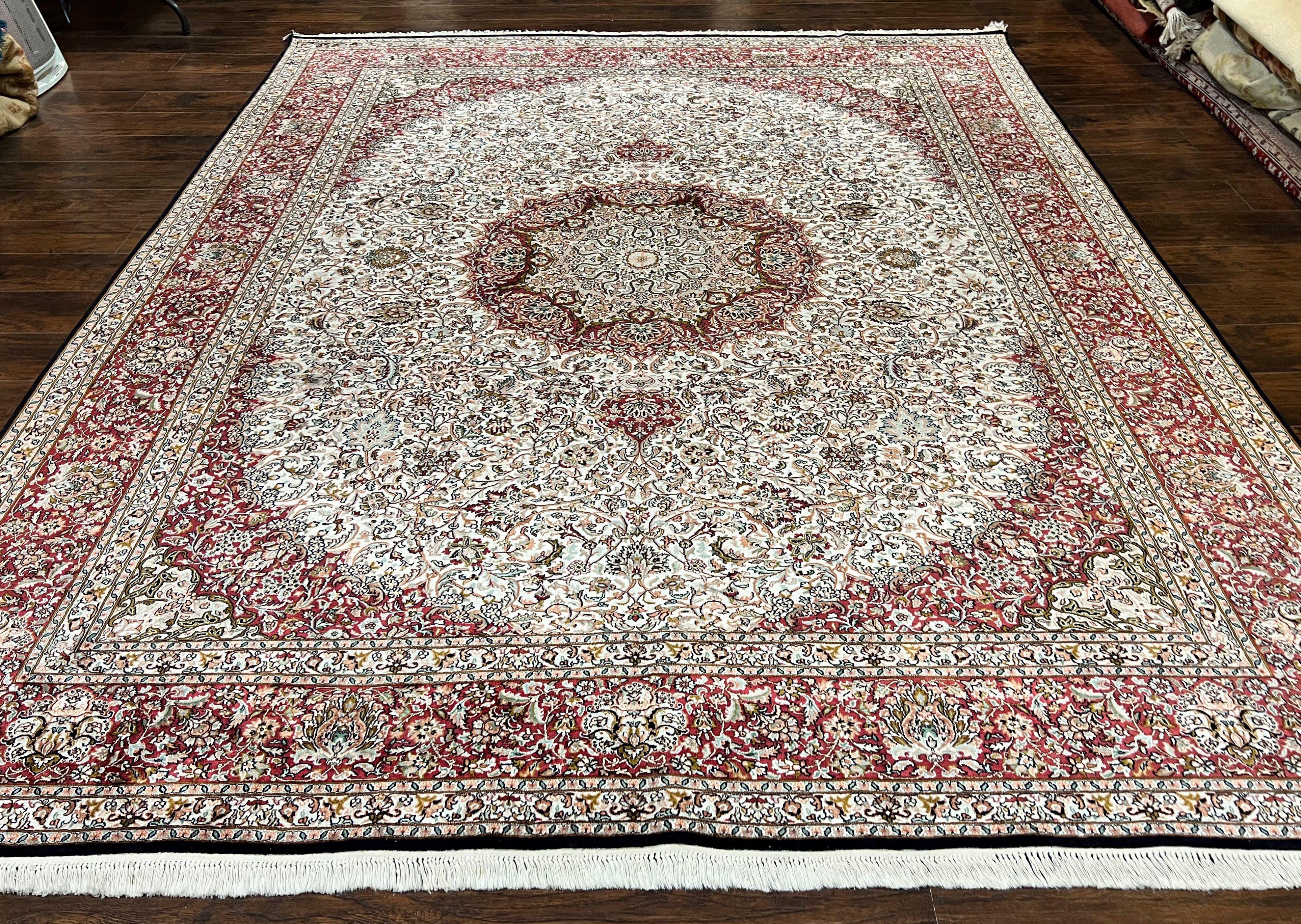 Silk Indian Kashmiri Rug 9 x 11 ft, Room Sized Silk Vintage Indo Persian Handmade Hand Knotted Fine Oriental Carpet, Ivory and Maroon - Jewel Rugs