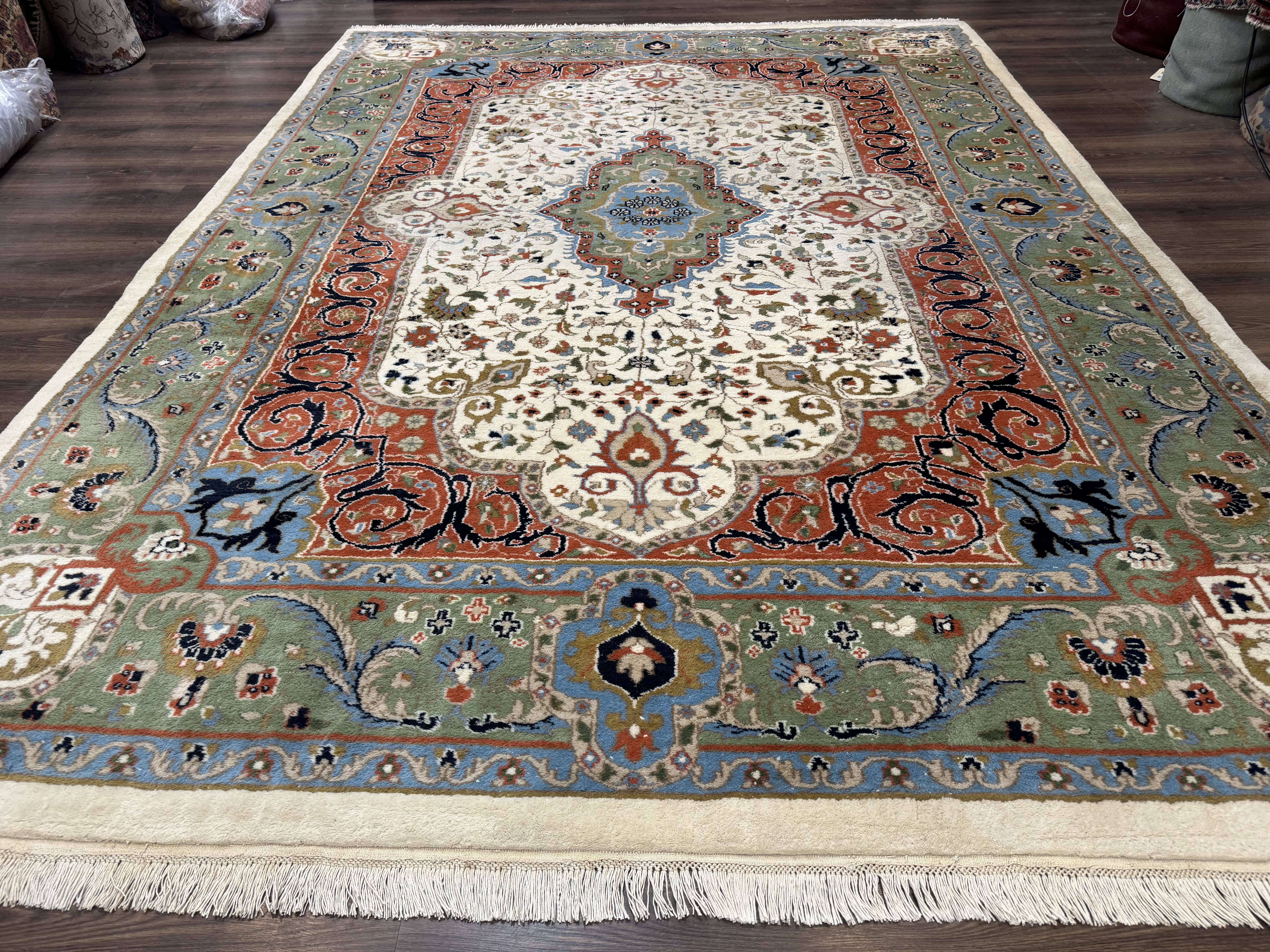 Indo Persian Rug 9x12, Ivory Red Green, Traditional Oriental