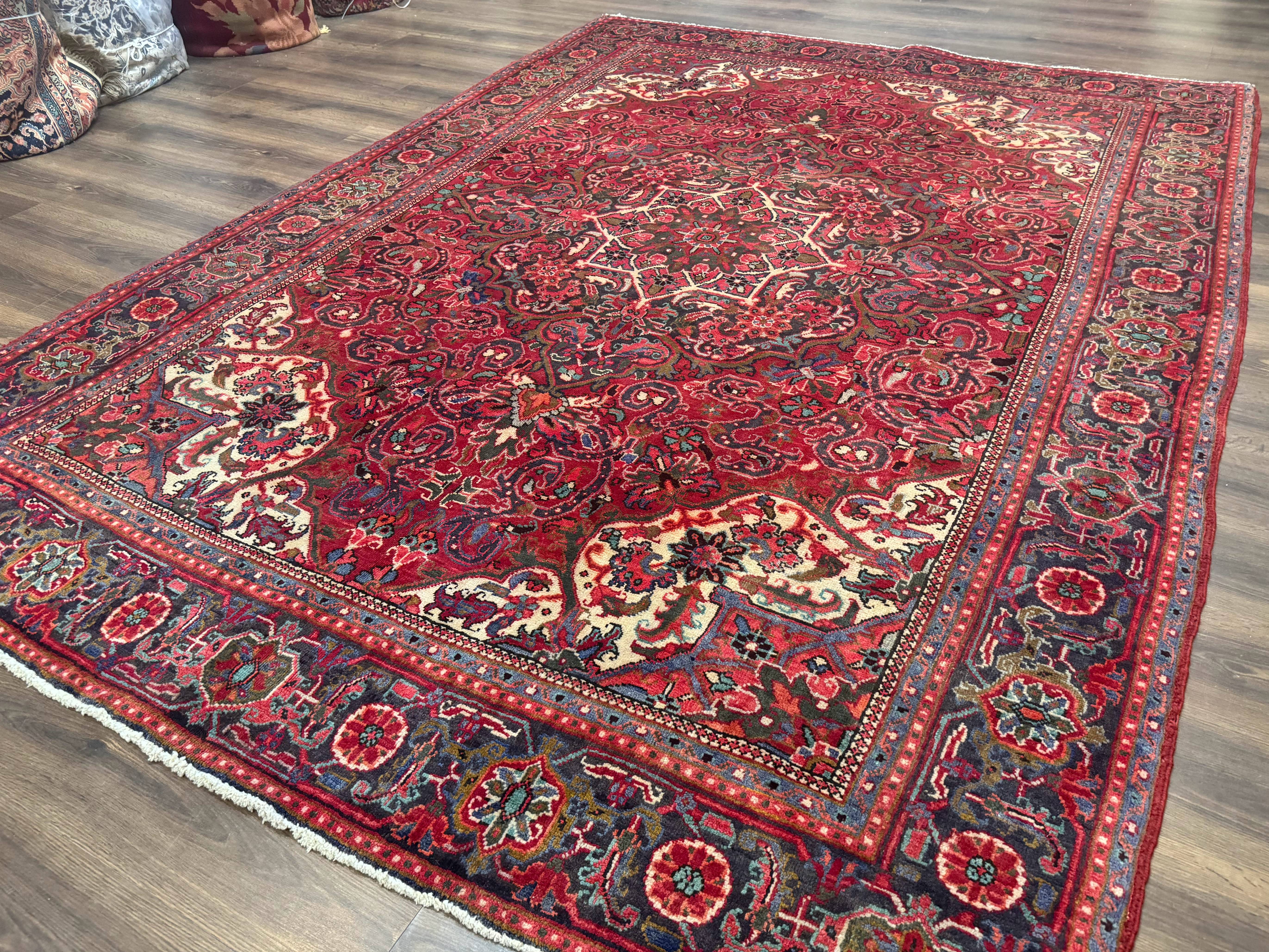 Persian Heriz Rug 7x10, Red and Navy, Geometric Medallion, Vintage Wool Carpet - Jewel Rugs