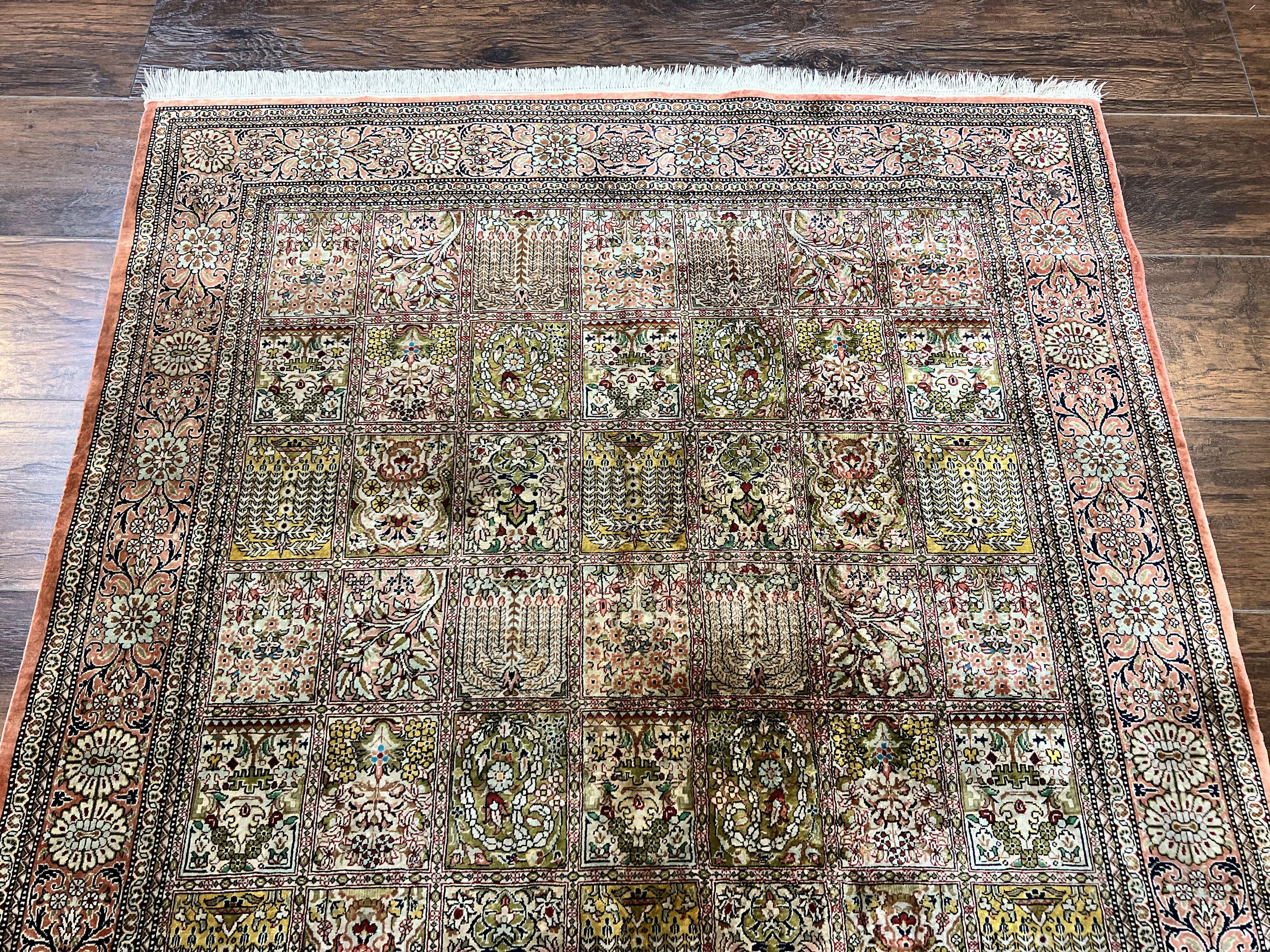 Magnificent Persian Silk Rug 3.7 x 5, Persian Qum Rug, Panel Design, Kheshti Garden, Extremely Fine 650 KPSI - 70 Raj, Hand Knotted, Vintage, Multicolor - Jewel Rugs