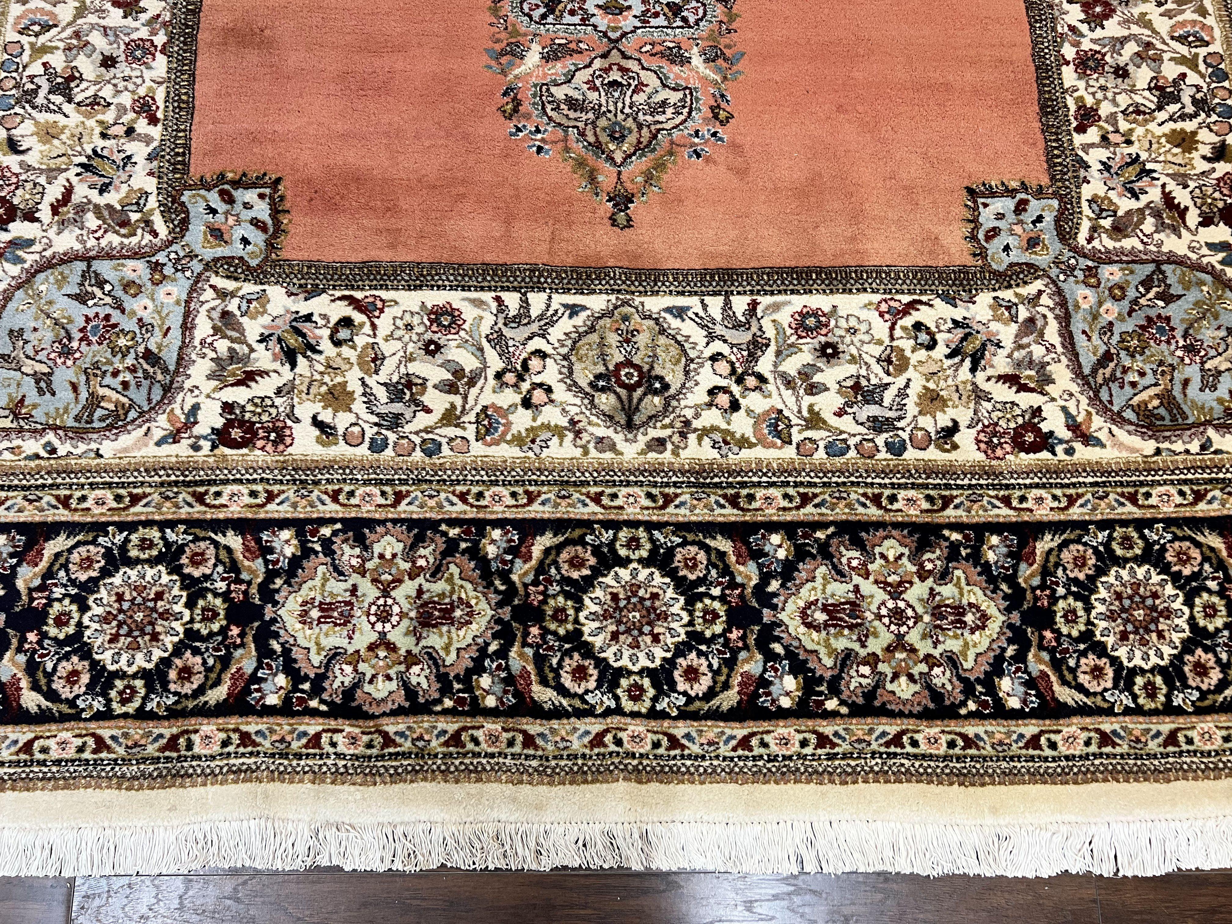 Persian Tabriz Rug 10x13, Wool Hand Knotted Vintage Carpet, Salmon Red & Ivory, Semi Open Field, Birds & Animal Motifs, Large Rug - Jewel Rugs
